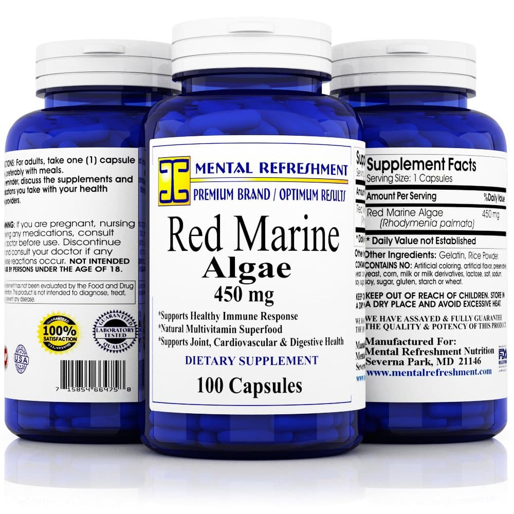 Mental Refreshment: 100% Pure Red Marine Algae - 450mg, 100 Capsules - Natural Immune Support