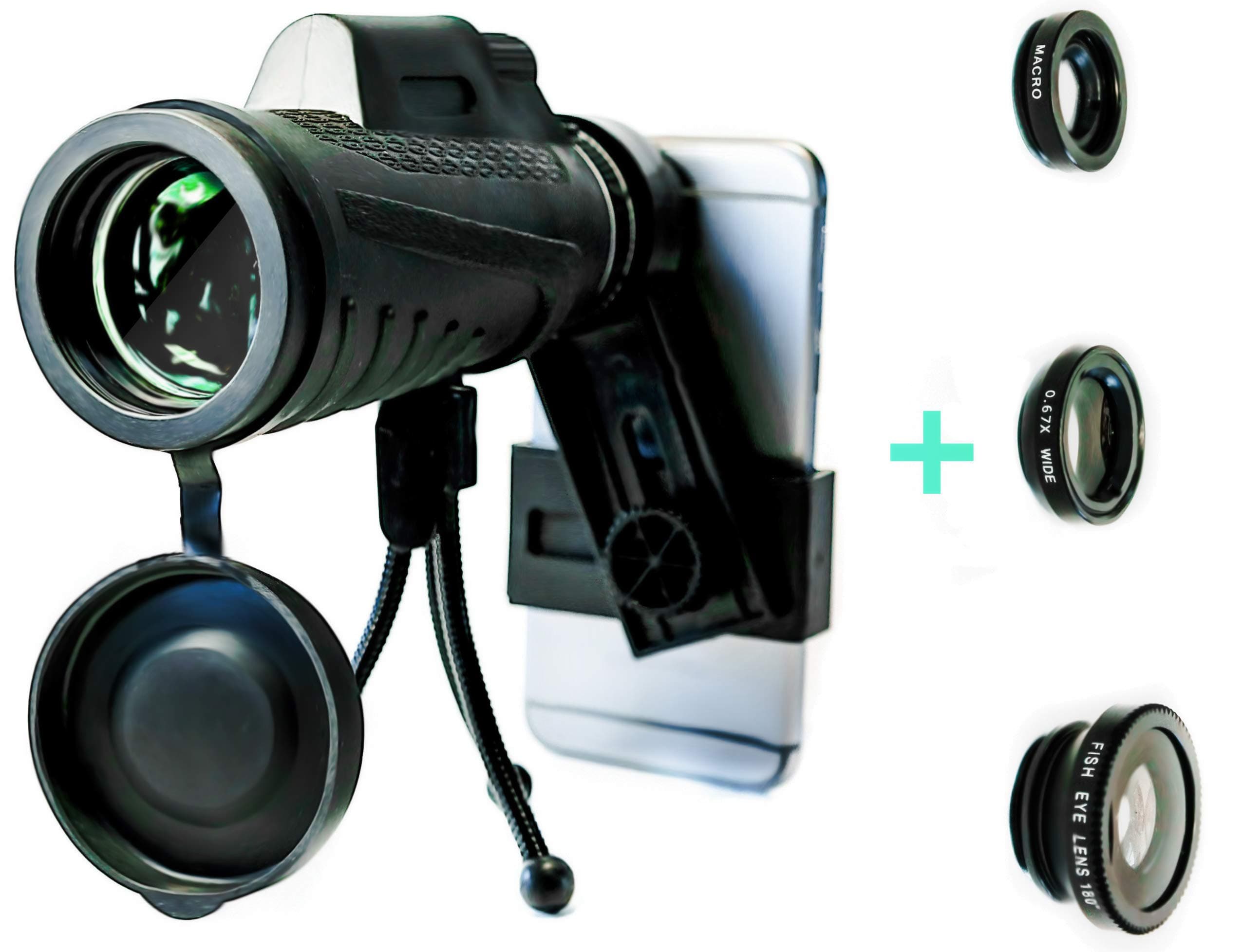 Monocular and Lens Bundle - HD Monocular and 3 in 1 Lens Clip. Smartphone Adapter for Monocular Telescope, Wide Angle, Macro, Fish Eye Lens. Great for Adults and Kids - by NCFS