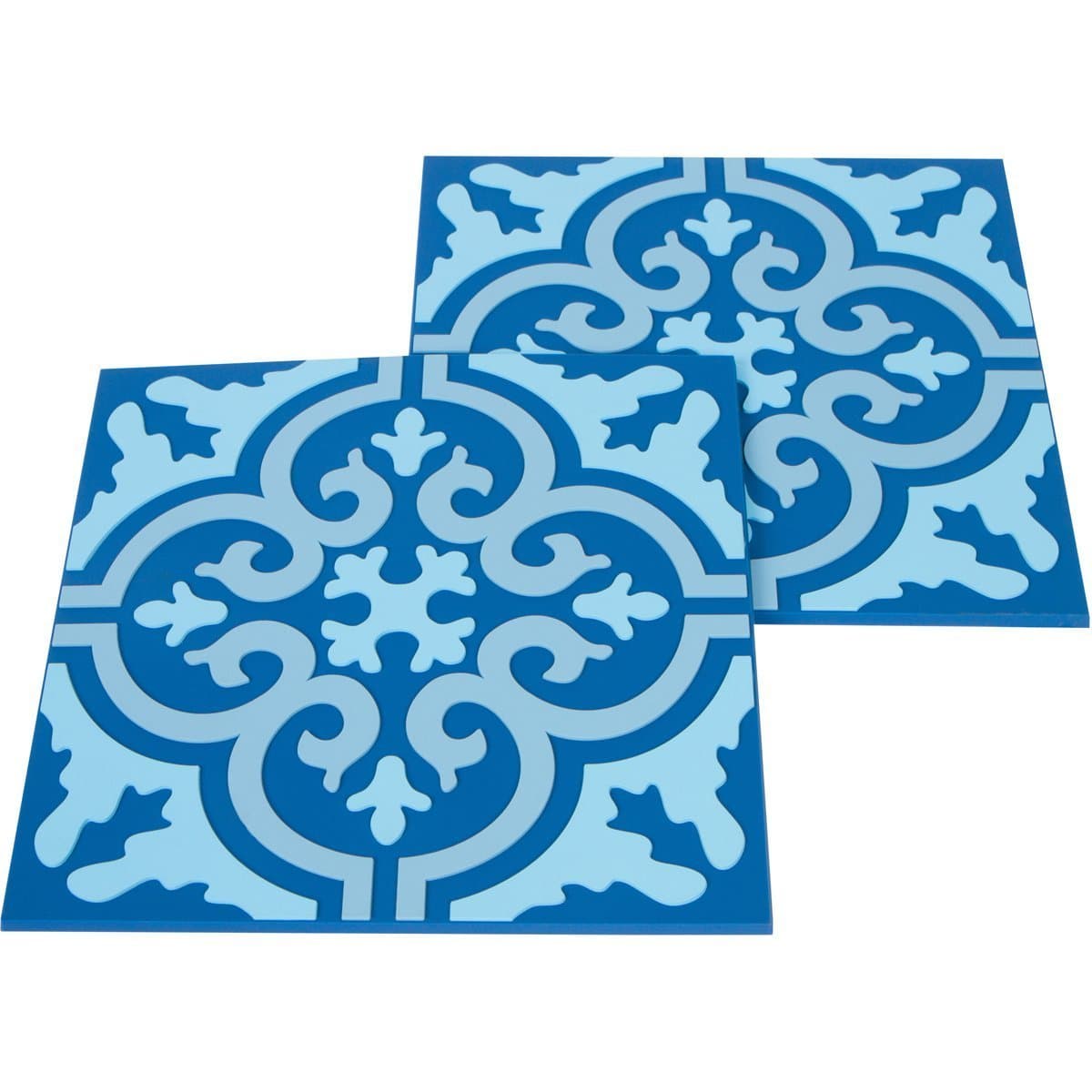 Planet Ethnic Blue Moroccan Tile Washable Durable Unbreakable Soft PVC Designer Trivet Set. 2 Trivets, 7 inch square with 0.2 inch thickness. Protect your tables from hot plates, pots.