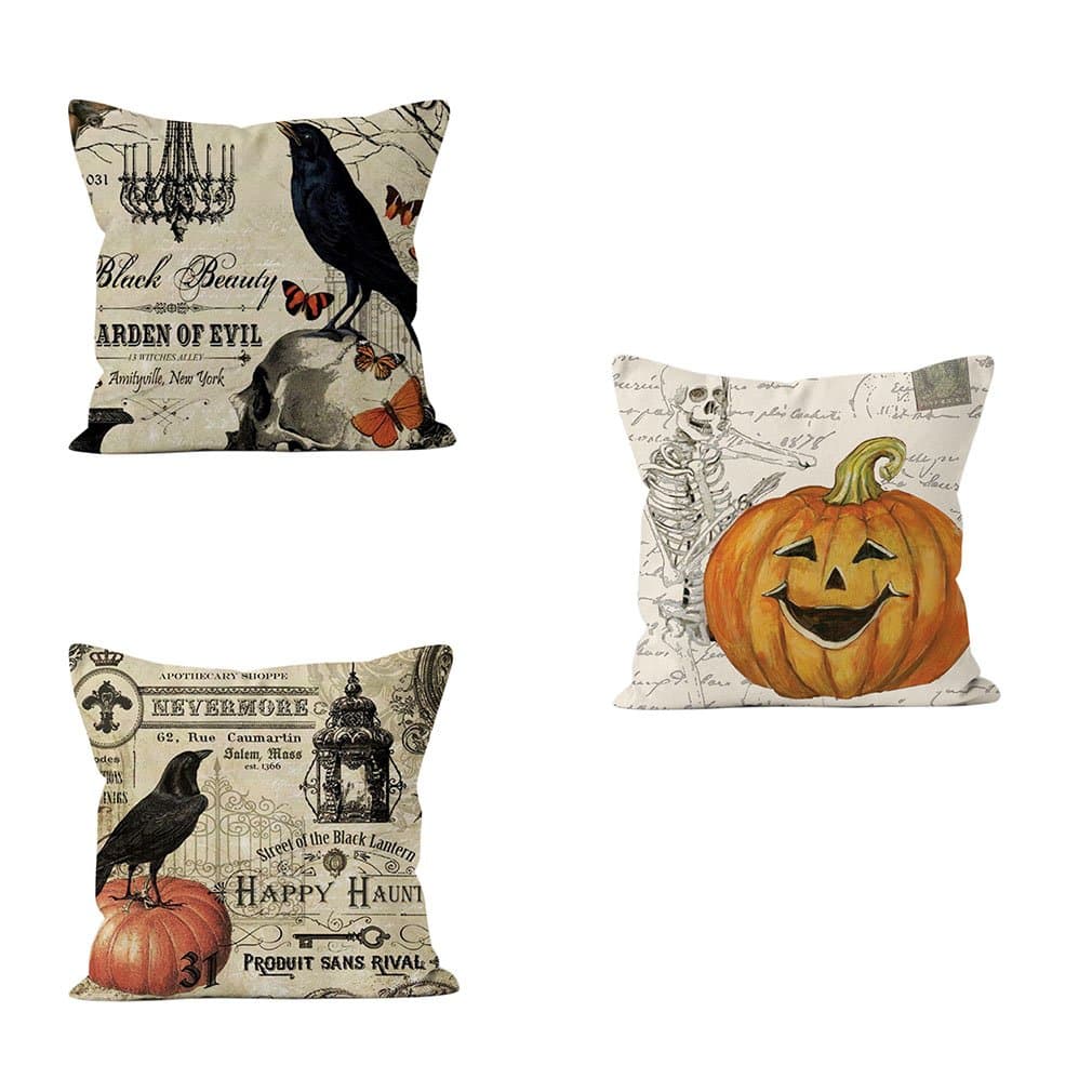 PSDWETS Halloween Decorations Bird,Skull and Pumpkin Pillow Covers Set of 3 Home Decor Cotton Linen Throw Pillow Covers Cushion Cover 18 X 18