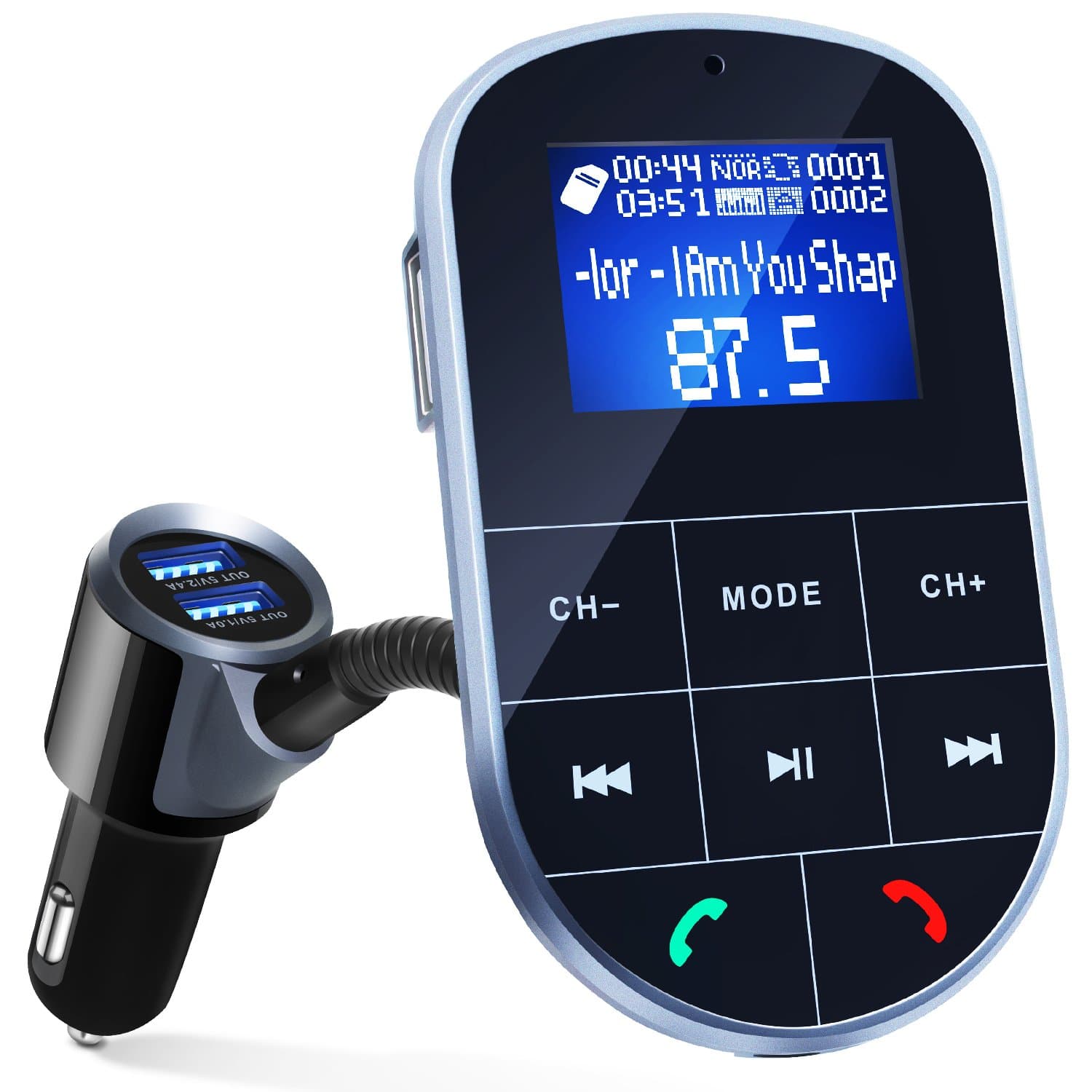 Bluetooth FM Transmitter for Car, Wireless Bluetooth FM Radio Adapter 2 Ports USB Car Charger 5V/2.4A&1A with Hands-Free Calling, Micro SD Card Aux Output