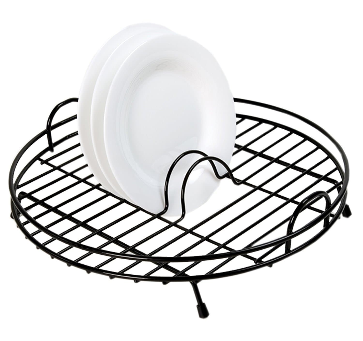 Deluxe Quality Circular / Round 37cm Diameter Dish Drainer with Carry Handle and Rubber Feet (Black)