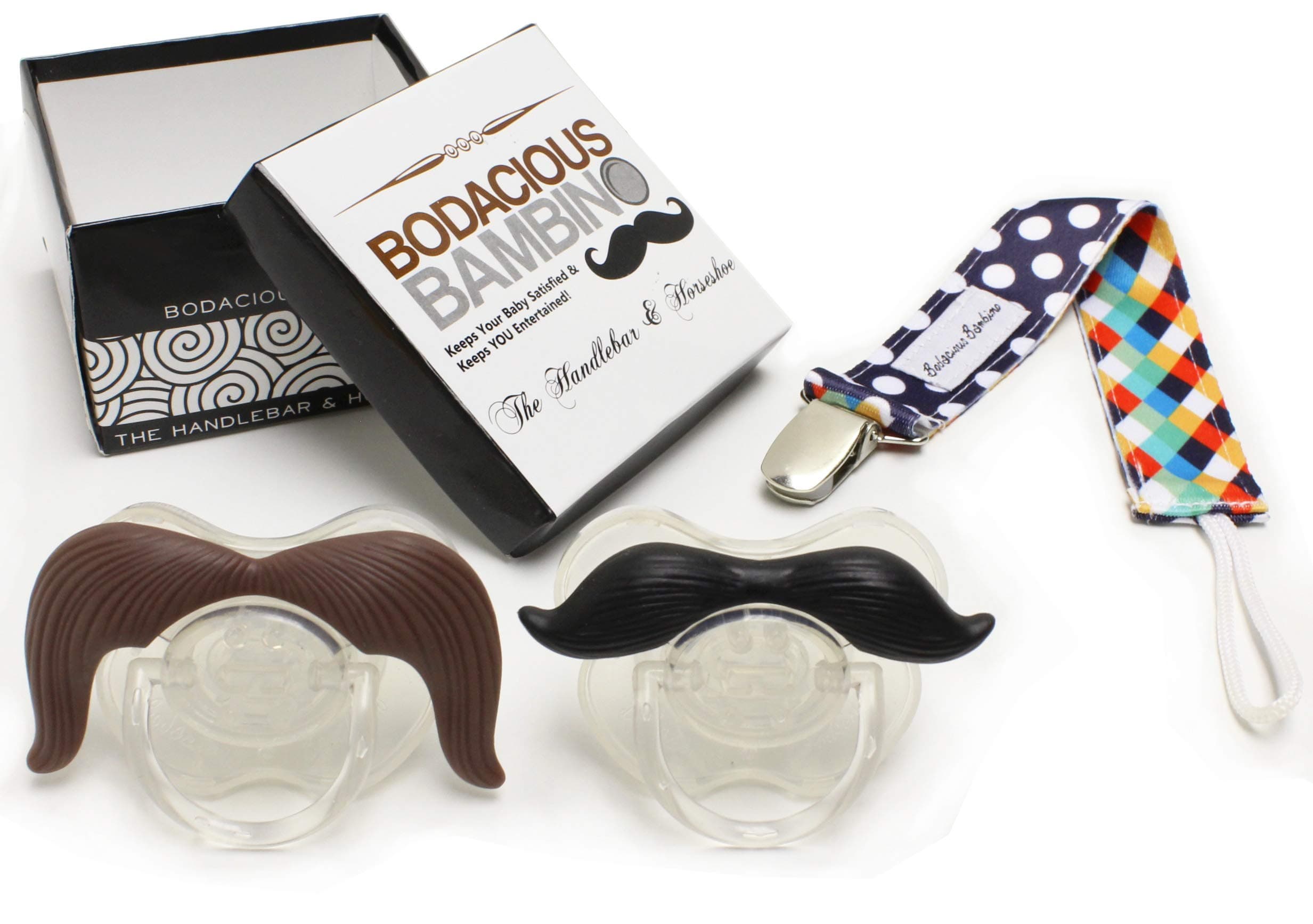 B.B. Mustache Pacifiers with Pacifier Clip by Bodacious Bambino | 2-Pack Horseshoe & Handlebar - Cute & Funny Pacifier for Babies | BPA-Free