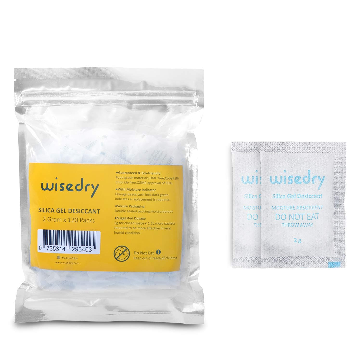 wisedry 2 Gram x 120 Packs Silica Packets for Moisture Absorber Desiccant Pouches with Color Indicating Beads Silica Gel Bags Food Safe