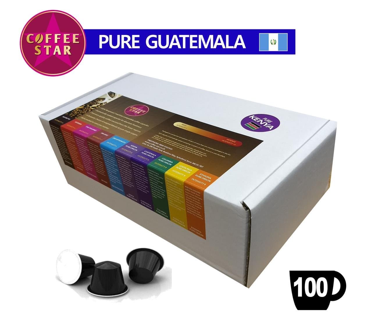 100 Coffeestar Guatemala Single Origin Nespresso Compatible Capsules - Medium Roast, Smooth Cocoa Smoky Finish - Intensity 8