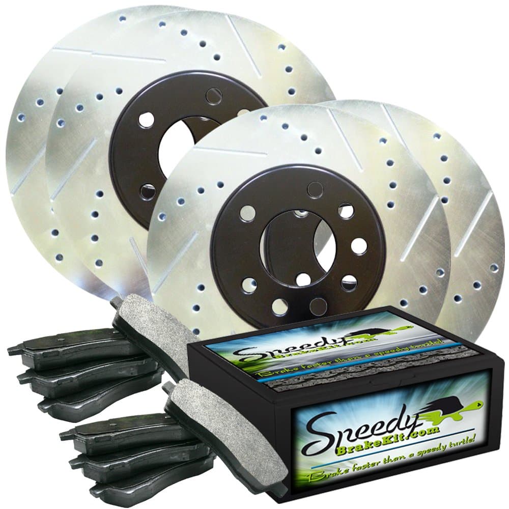 Speedy Brake Kit Drilled and Slotted Disc Brake Kit - Front and Rear Rotors with Pads SB3967X4KBLACK - Black