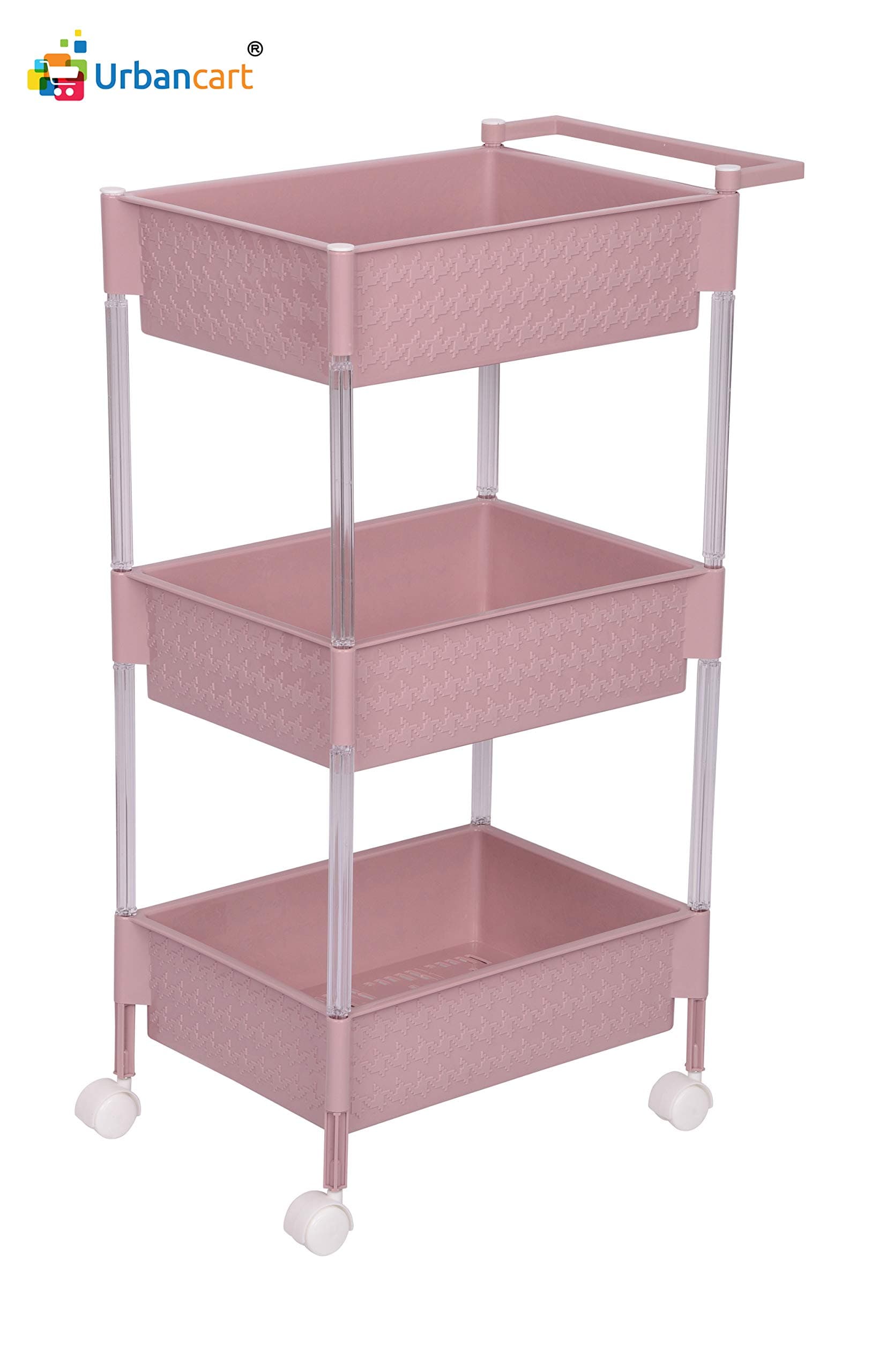 Urbancart® Multi Purpose Plastic Kitchen Trolley for Fruits & Vegetables Storage Organizer with Wheels (Peach) (3 Tier)