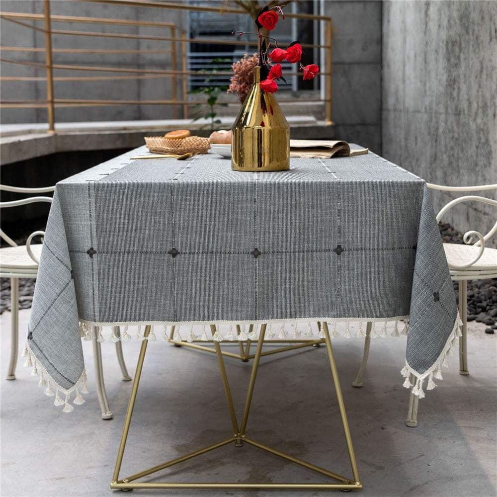 YUNSW Plaid Decorative Linen Tablecloth Tassels Waterproof Oilproof Rectangular Wedding Dining Table Cover Tea Table Cloth B 140x300cm
