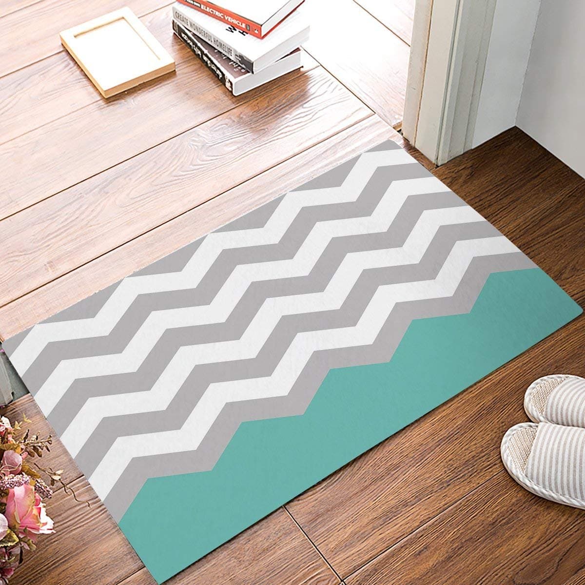 Teal Zig Zag Pattern Doormat, Chevron Indoor/Outdoor Non-slip Rubber Welcome Mats Floor Rug for Bathroom/Front Entryway