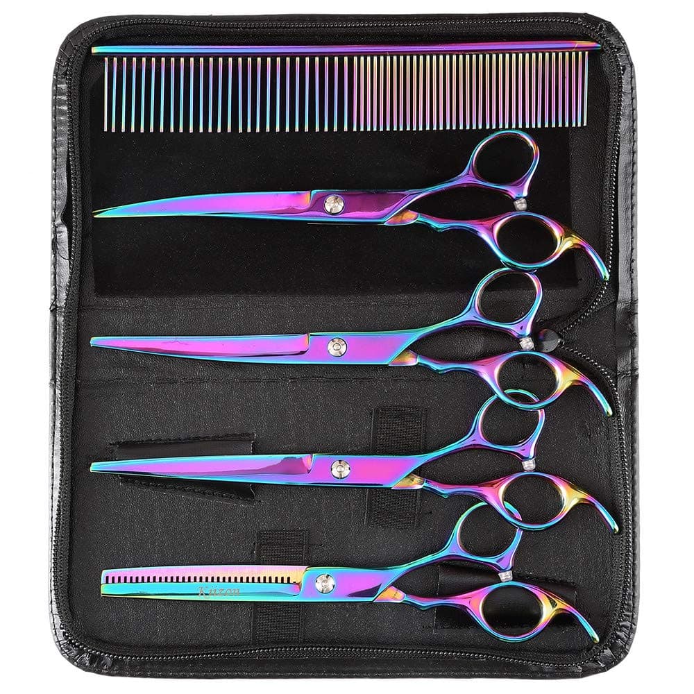 7 Inchs Professional Dog Grooming Scissors Set Tool- Sharp and Strong Stainless Steel Blade-Haircutting Thinning Straight Cured Shears Kit - for Cat and More Pet(Rainbow) (7 inch scissors Kit)