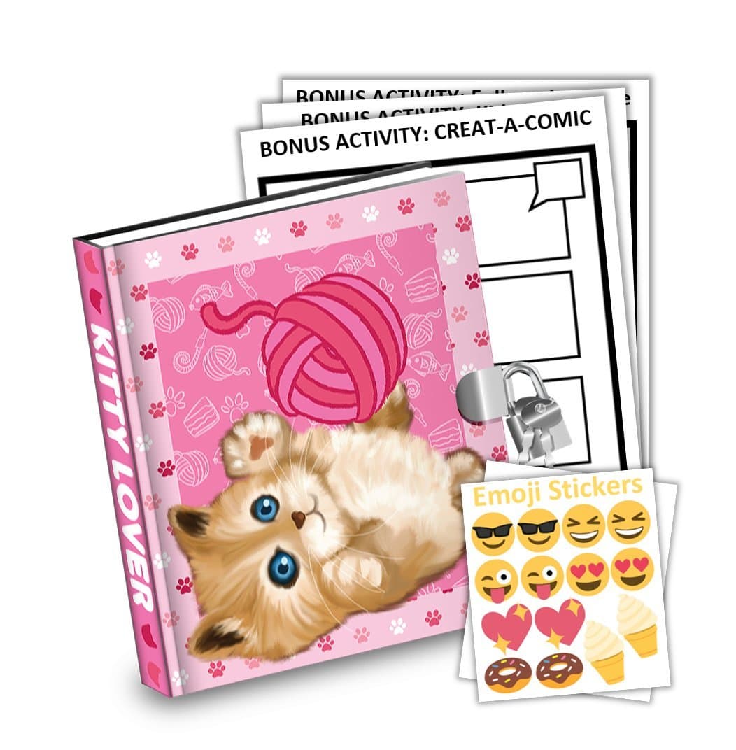 Kitty Cat Kids Diary With Lock Includes 6.5 Inch Diary, Stickers, & Bonus Activity Pages