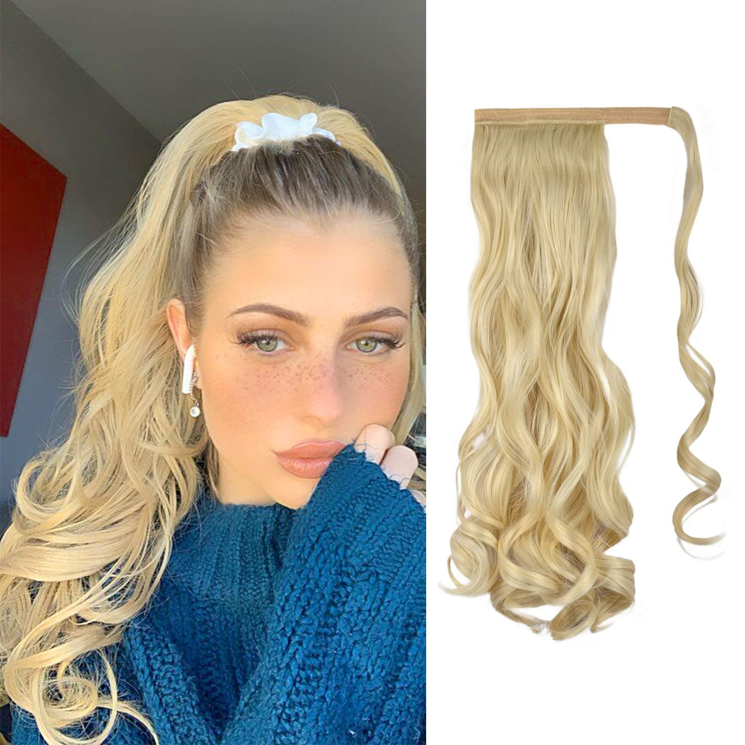 FEHSFEN Curly Wrap Around Ponytail Hair Extensions 21” Long Wavy Clip in Synthetic Hair Pony tail Hairpieces for Women Girls