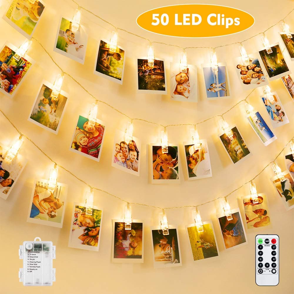 Photo String Lights, BrizLabs 50 LED Photo Clip Peg Lights Fairy Twinkle Lights 8 Modes Battery Powered Indoor Hanging Photo Frames Decorations for Bedroom Wedding Party DIY Artwork Card, Warm White