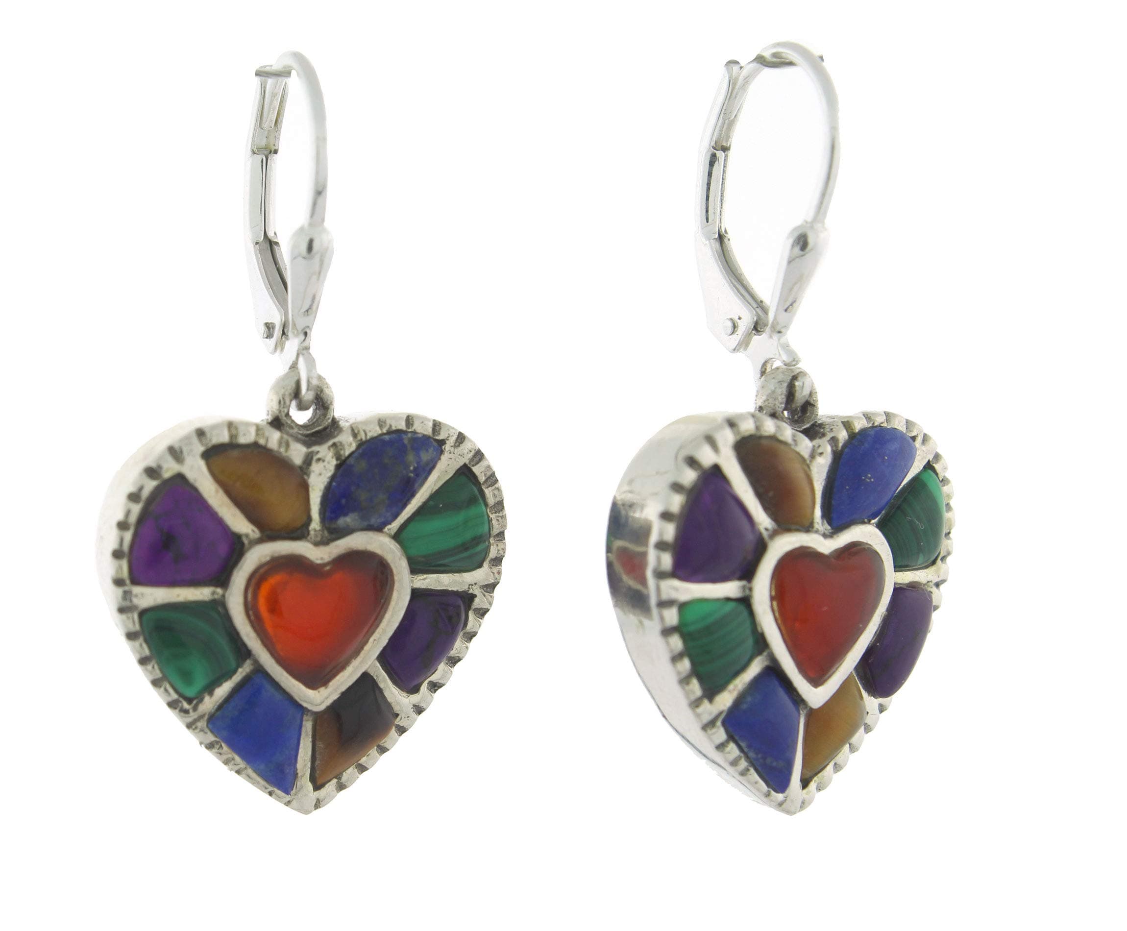 Sterling Silver Inlay Multigem Heart Lever Back Earrings