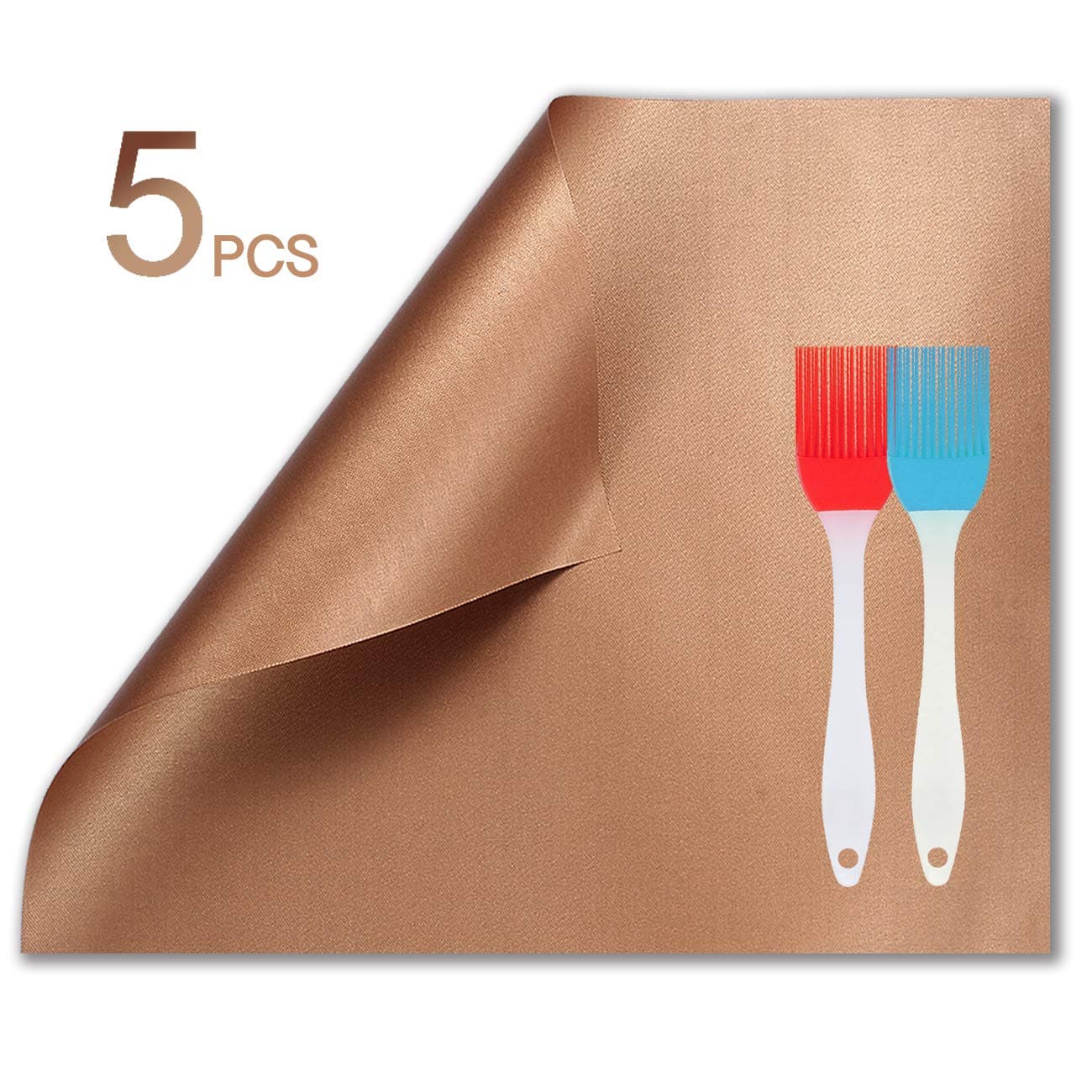 KOLIFEGOODS Grill Mat, 5PCS BBQ Baking Mat Non-Stick Reusable Cooking Sheets for Gas Grills Outdoor Grill with 2 Silicone BBQ Brushes, 15.75 x 12.99 Inches Gold