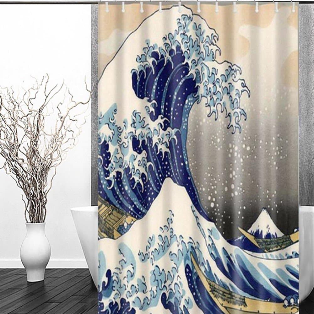 Sea Wave Shower Curtain - FastEngle Waterproof Polyester Curtain, Custom Fabric Set, Machine Washable for Bathroom Décor Shower Curtain Sets with 12 Hooks, Japanese Style Pattern Ocean 72” x 72”