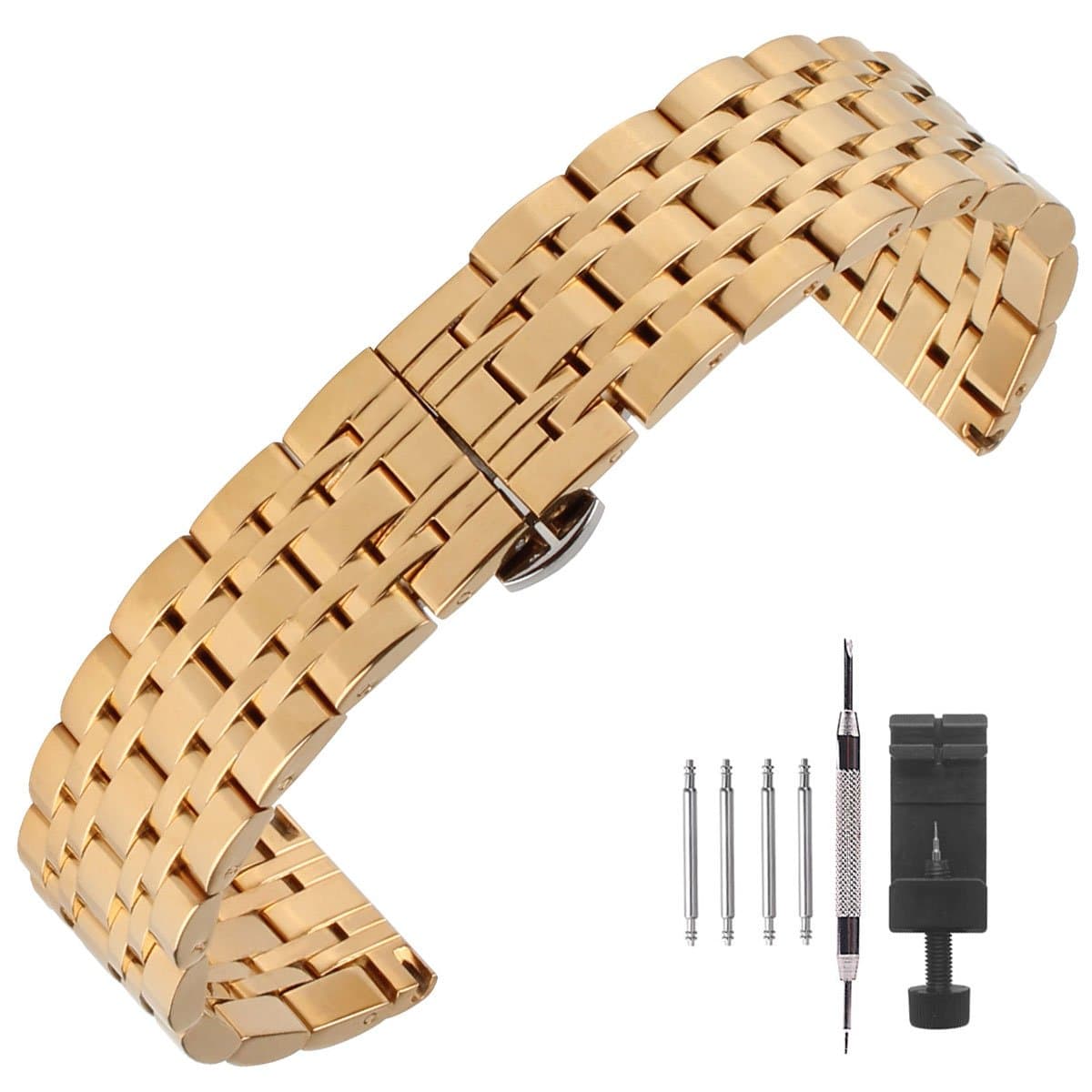 Polished Stainless Steel Solid Link Watch Band 12mm/14mm/16mm/18mm/20mm/22mm/24mm,Butterfly Buckle Bracelet Strap Replacement for Samsung Gear Silver,Repair Tools Included