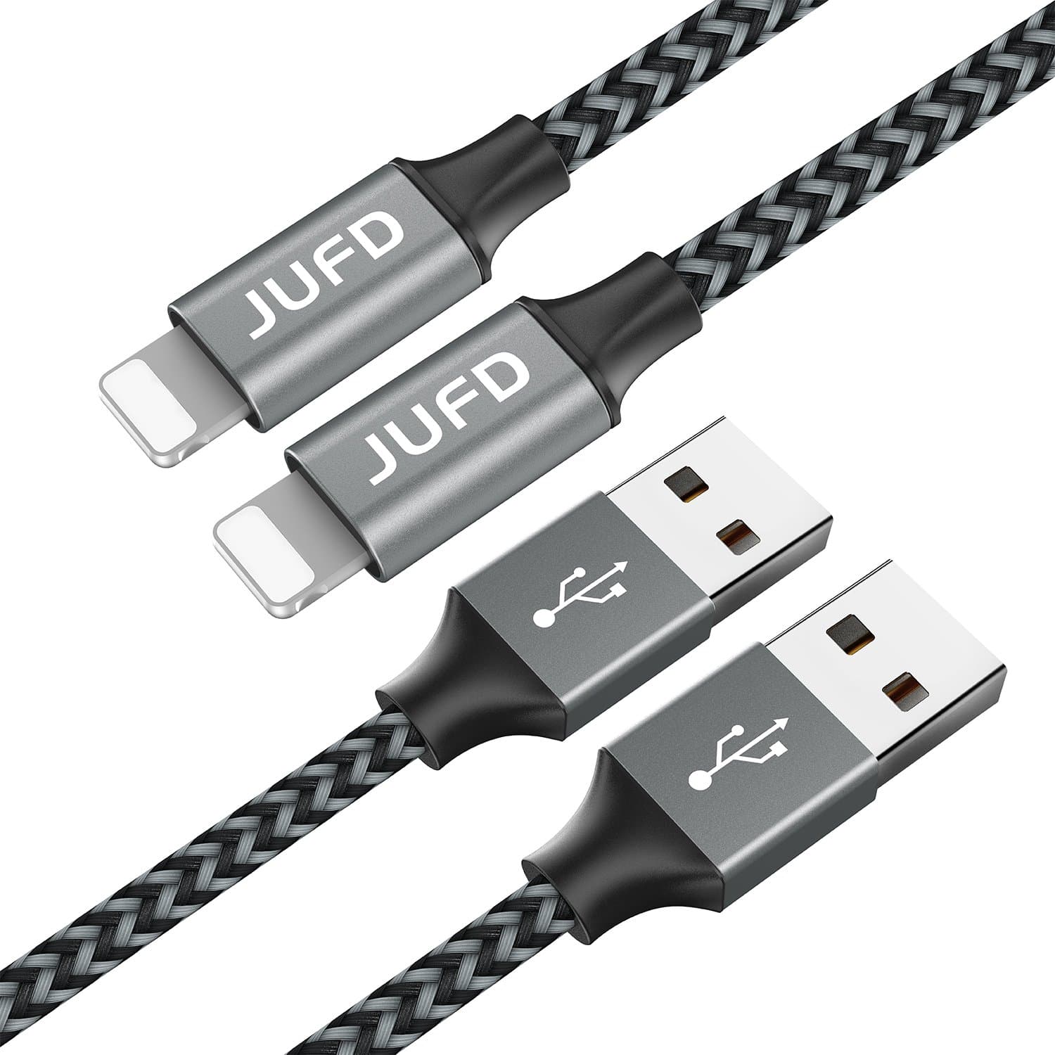 phone Charger Cable 2M/6.6FT (2-Pack) JUFD usb to Lighting Cable High Lifespan Nylon Braided fast charging cord Compatible with iPhone XS/XS Max/XR/ X/ 8/ 7/ 7Plus 6/ 6s / 6 Plus/ 5/ 5c/ 5s SE iPad Air 3/ iPad Pro(Silver)