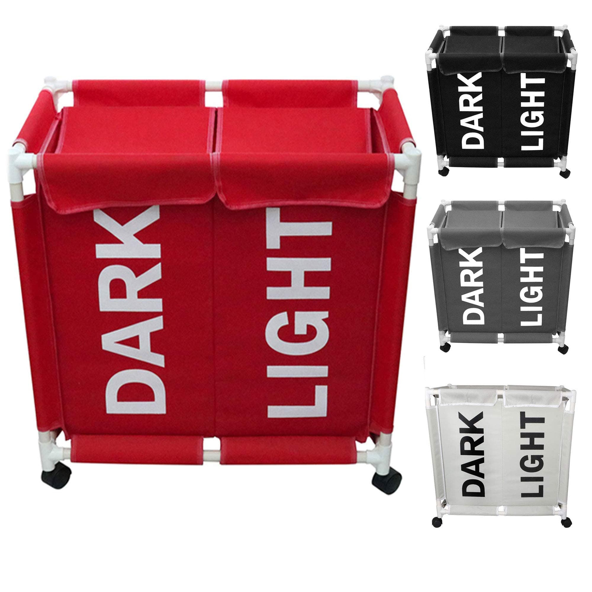 Smile Mom Twin Section Laundry Basket/Bag/Hamper for Clothes with Wheels & Lid, Best for Home Bathroom Bedroom (Red)