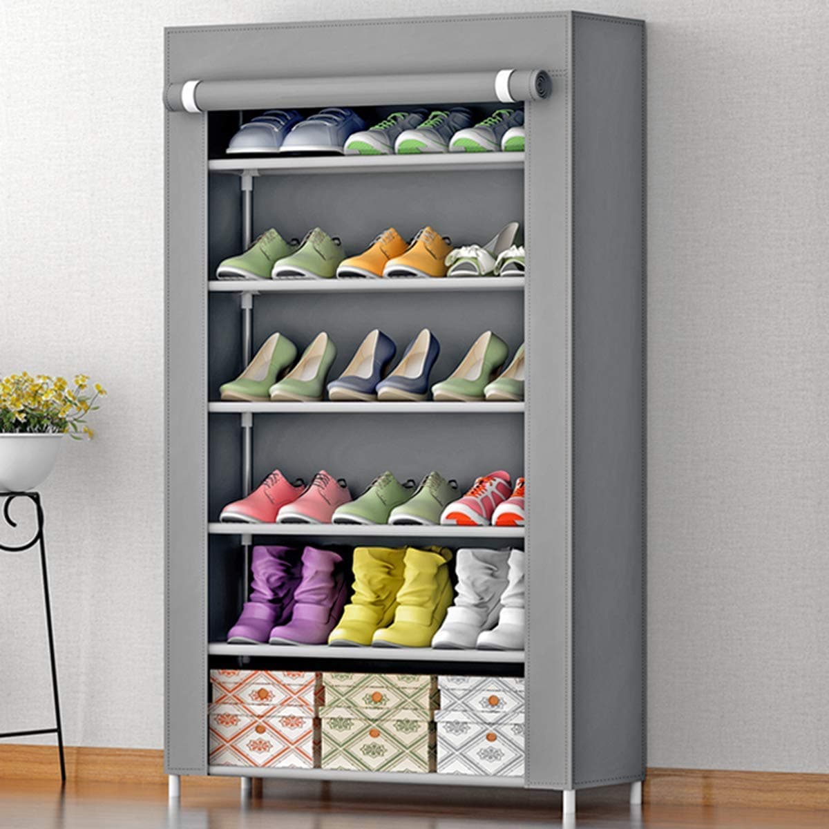 Tinnitus 6 Layer Multipurpose Portable Folding Shoe Rack/Shoe Shelf/Shoe Cabinet with Wardrobe Cover, Easy Installation Stand for Shoes(ShoesRack 6 Layer in Grey Color)(Shoe Racks for Home)(Grey)