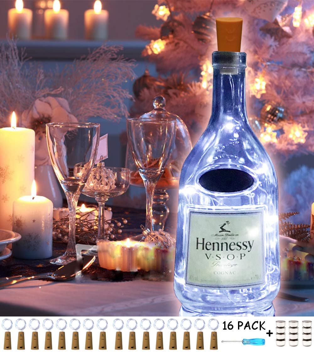 Wine Bottle Lights with Cork 16 Pack 48 Built-in+12 Replacement Batteries, Battery Operated Fairy Lights Mini Copper Wire Cork Lights Used for DIY Party Christmas Lights,Decor,Wedding(Cool White)