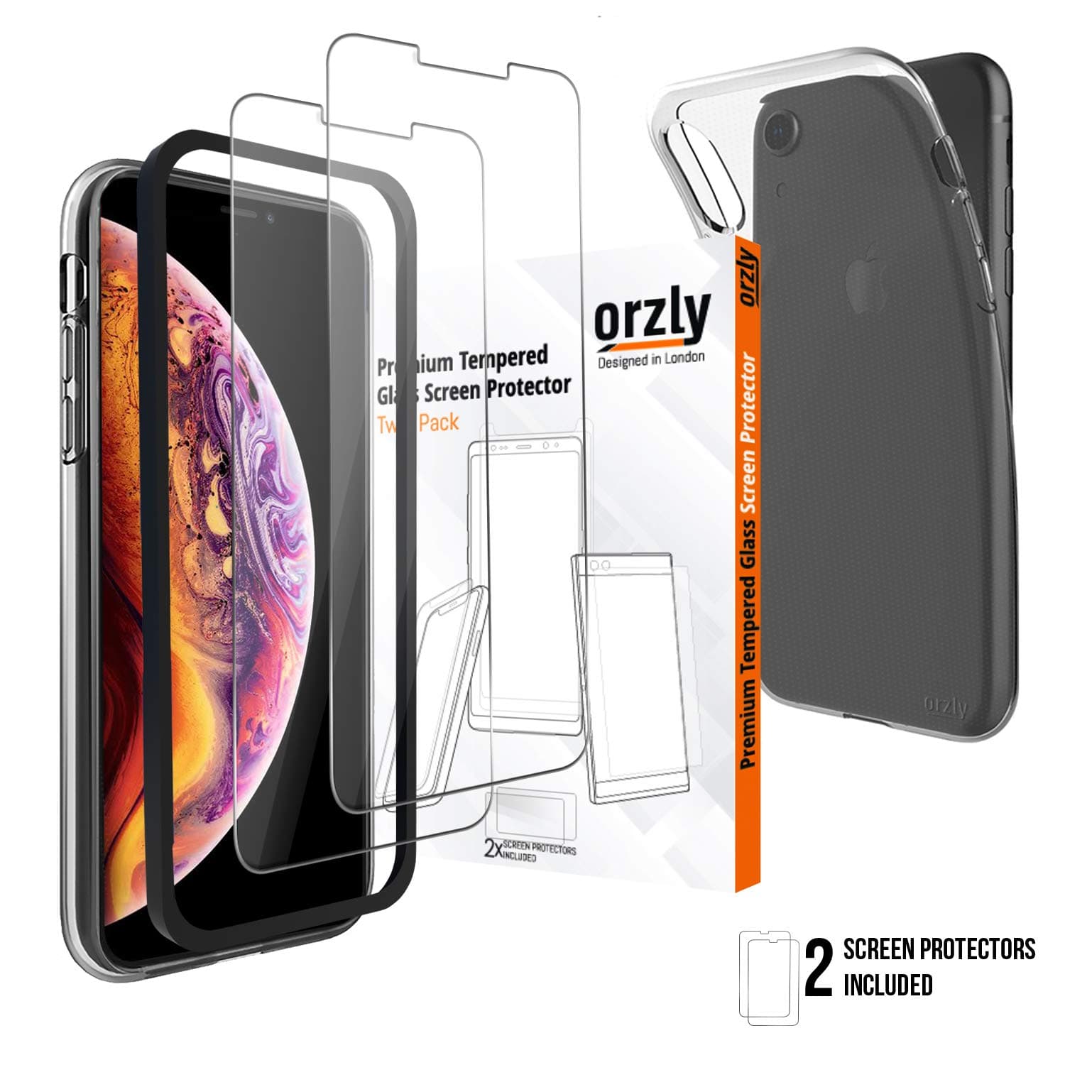 ORZLY® iPhone XR Screen Protector Tempered Glass for 6.1 inch XR. Pack of 3 Includes 2 x 0.22mm Screen Protectors & 1 Clear Flexicase for All Round Protection Plus Applicator Kit for Easy Installation