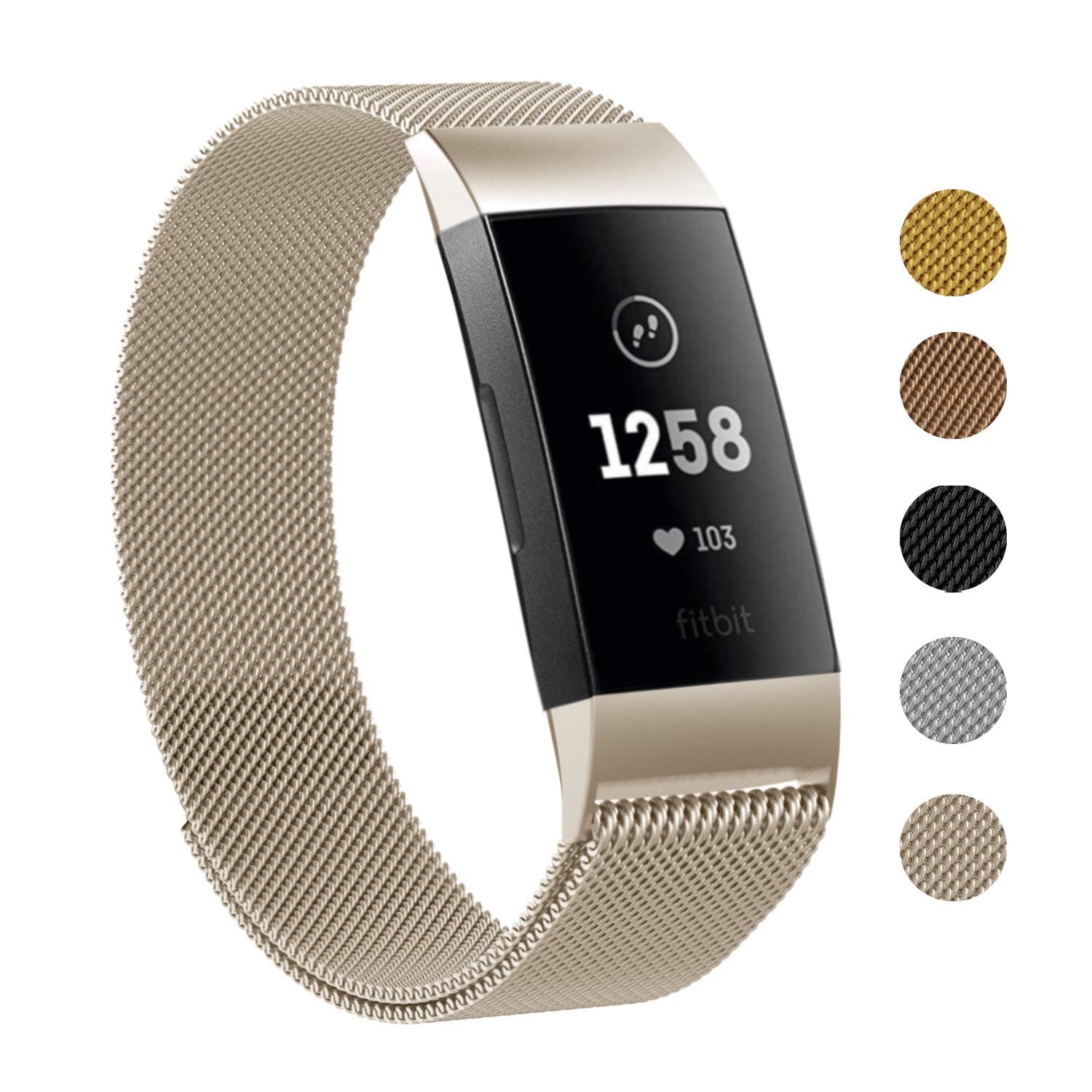 Keasy Replacement Bands Compatible for Fitbit Charge 3, Stainless Steel Metal Wristbands with Metal Lock for Women Men  (Champagne, Small)