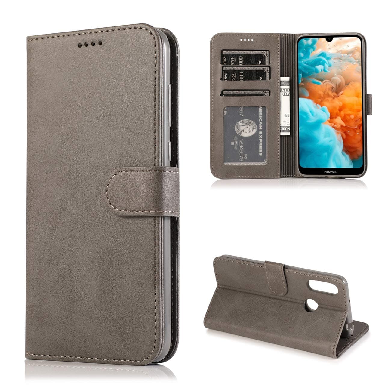 Joytag Compatible For Huawei Y6 2019 case Flip Wallet PU Leather Case with Credit Card slot Holder Stand soft TPU Silicon Bumper protective case-Grey