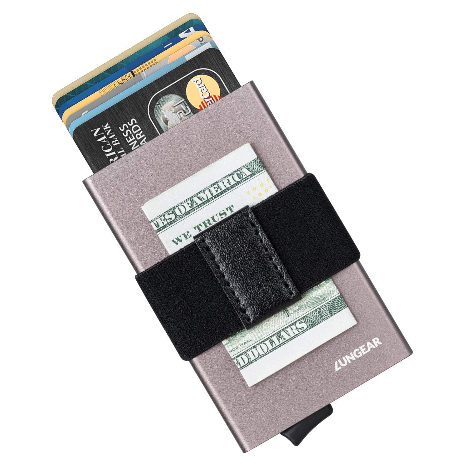 LUNGEAR Credit Card Holders with Detachable Belt RFID Blocking Automatic Pop Up Slim aluminium Case for Men and Women (Nickel Grey)