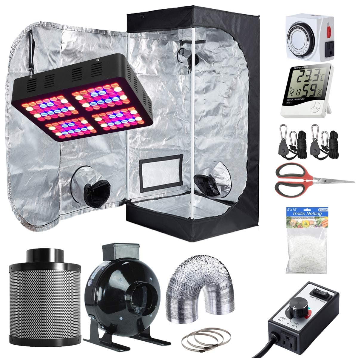 Hydro Plus Grow Tent Complete Kit LED 600W Grow Light + 4" Filter Fan Kit + 24"x24"x48" Grow Tent Room + Hydroponic Indoor Plants Growing System Accessories (24"x24"x48" Kit1)