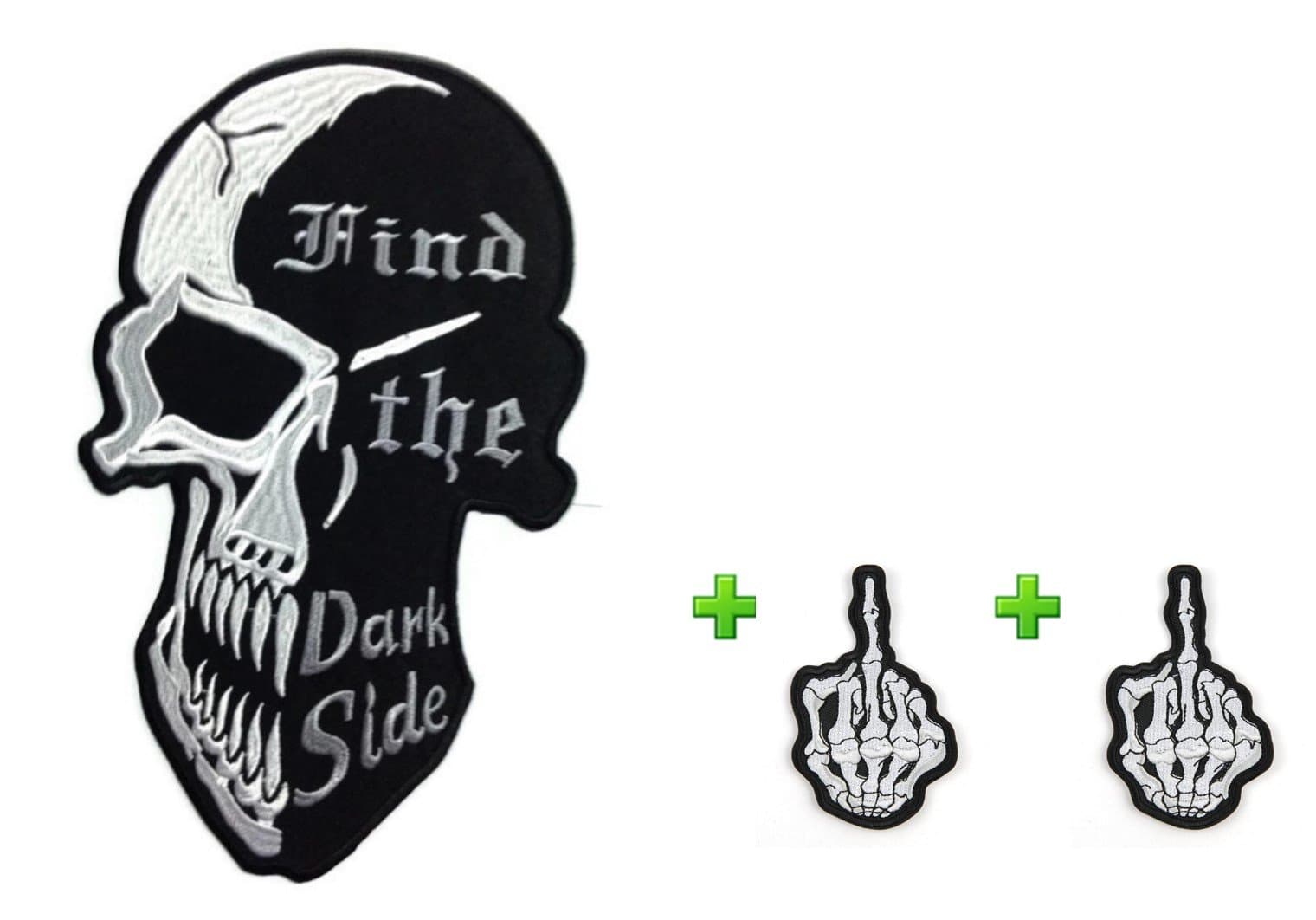 Best Match! 1 Large Skull Hide the Dark Side w/2 Small Devil Skeleton Mid Finger Patches Badge Look Cool over 80% Embroidered Iron on Sew for Biker Trucker Rocker Chopper Jacket Jeans Cap Shirt