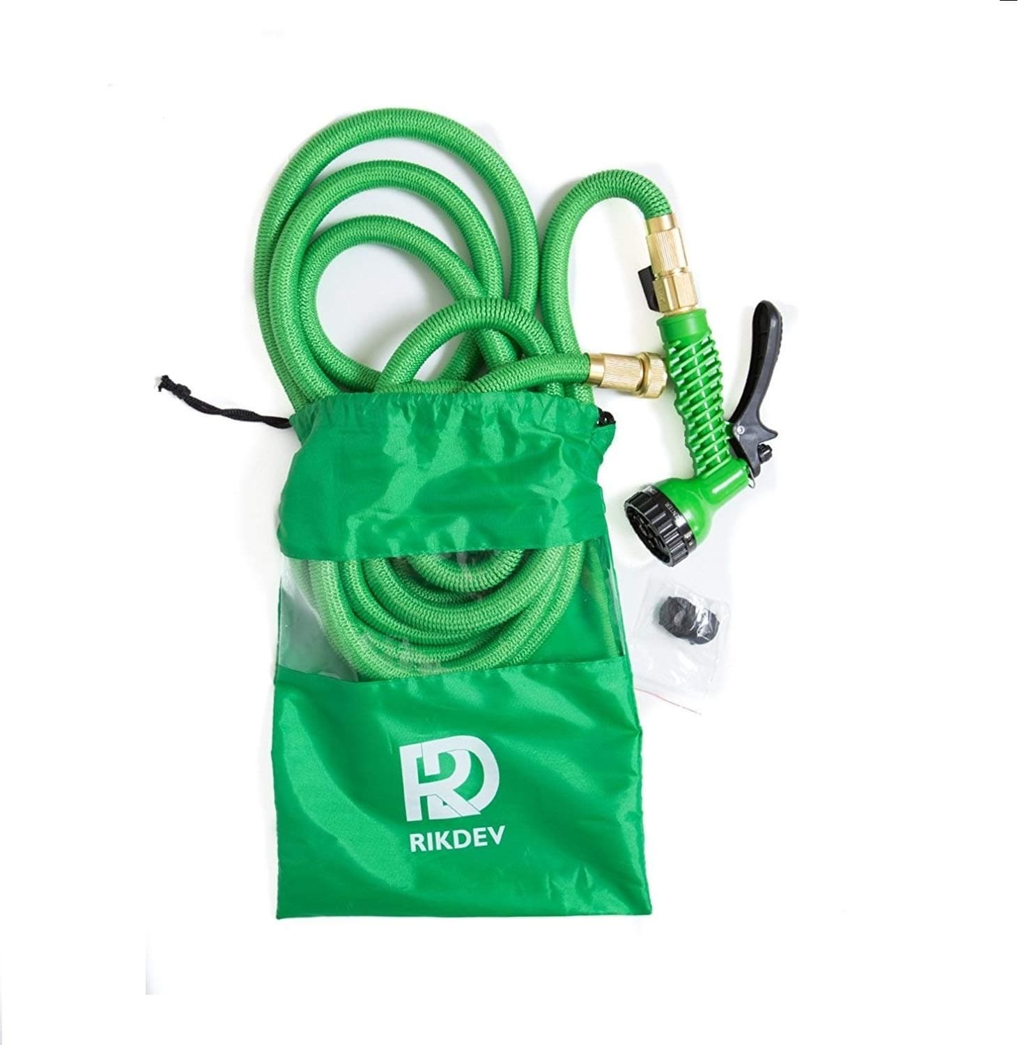 Expandable Garden Hose Pipe Rikdev 75ft Green Double Tube Anti Kink Material 7 Pattern Spray Gun Anti Leakage SCREW on Brass Fitting Shut off Valve FREE Custom Drawstring Bag - Easy Storage