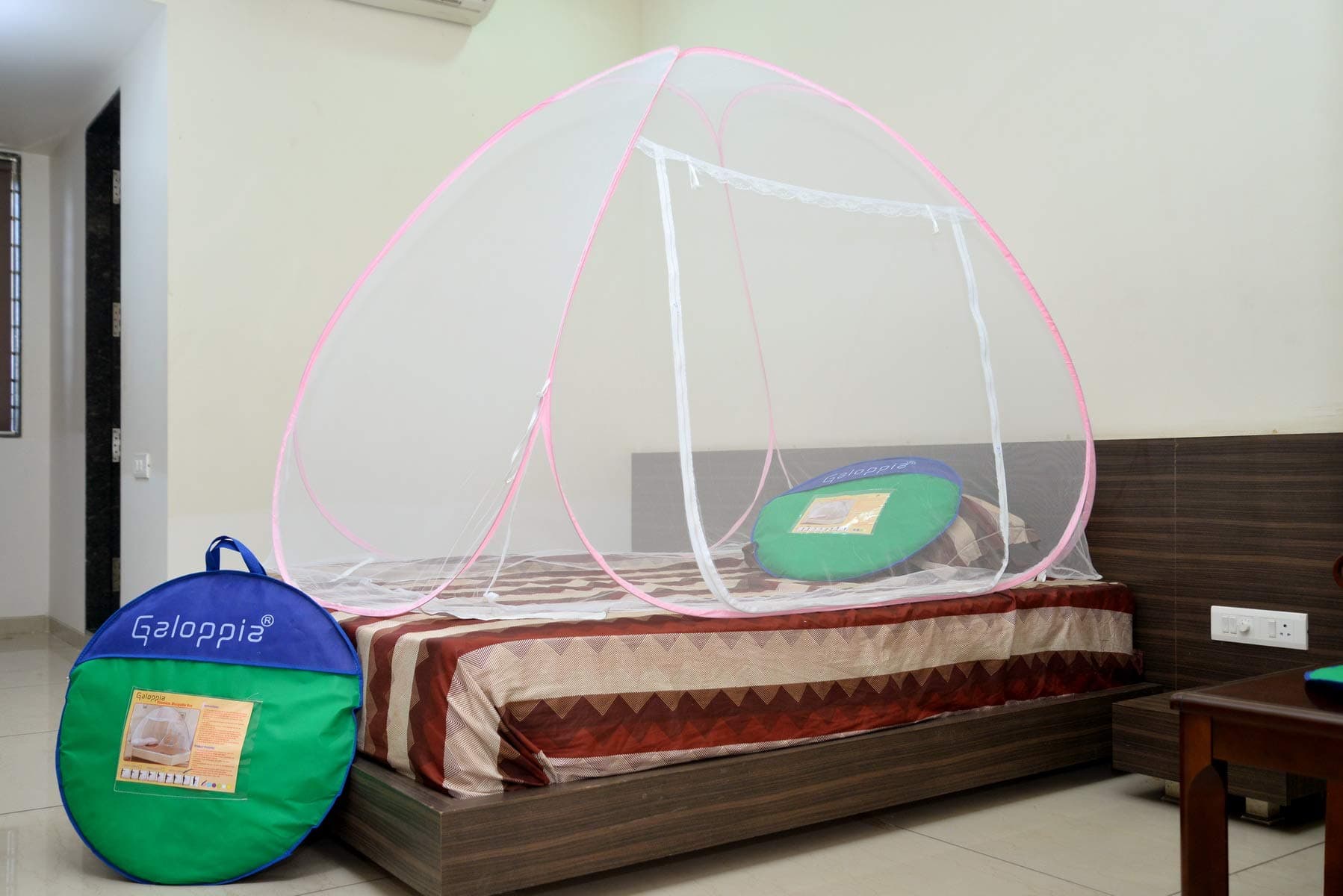 GALOPPIA Foldable Mosquito Net/Machhardani Strong 30GSM, High Durability, Foldable, Corrosion Resistant, Lightweight - Single Bed Bed Size 200 cm (6.5ft) X 120 cm (4ft) X 140 cm (Pink)