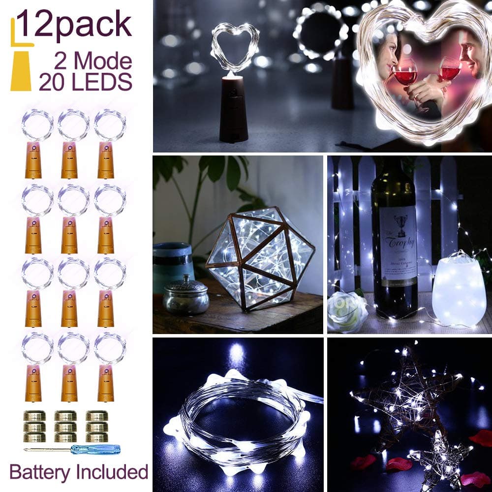 Wine Bottle String Lights With Cork,12Pack 2 Modes Micro Cork Copper Wire Starry Fairy Lights,Battery Operated 20 LEDS Bottle Lights for DIY, Party, Birthday,Christmas,Home Decor (2m/7.2ft Cool White)