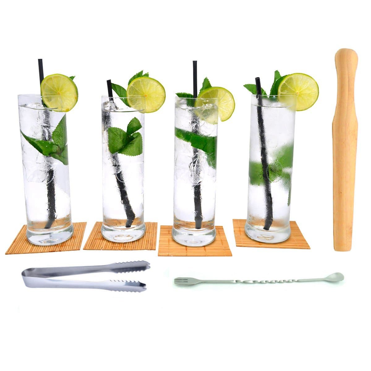 Essentials Mojito Set with Glasses, Coasters, Muddler, Ice Tongs and Cocktail Mixing Spoon