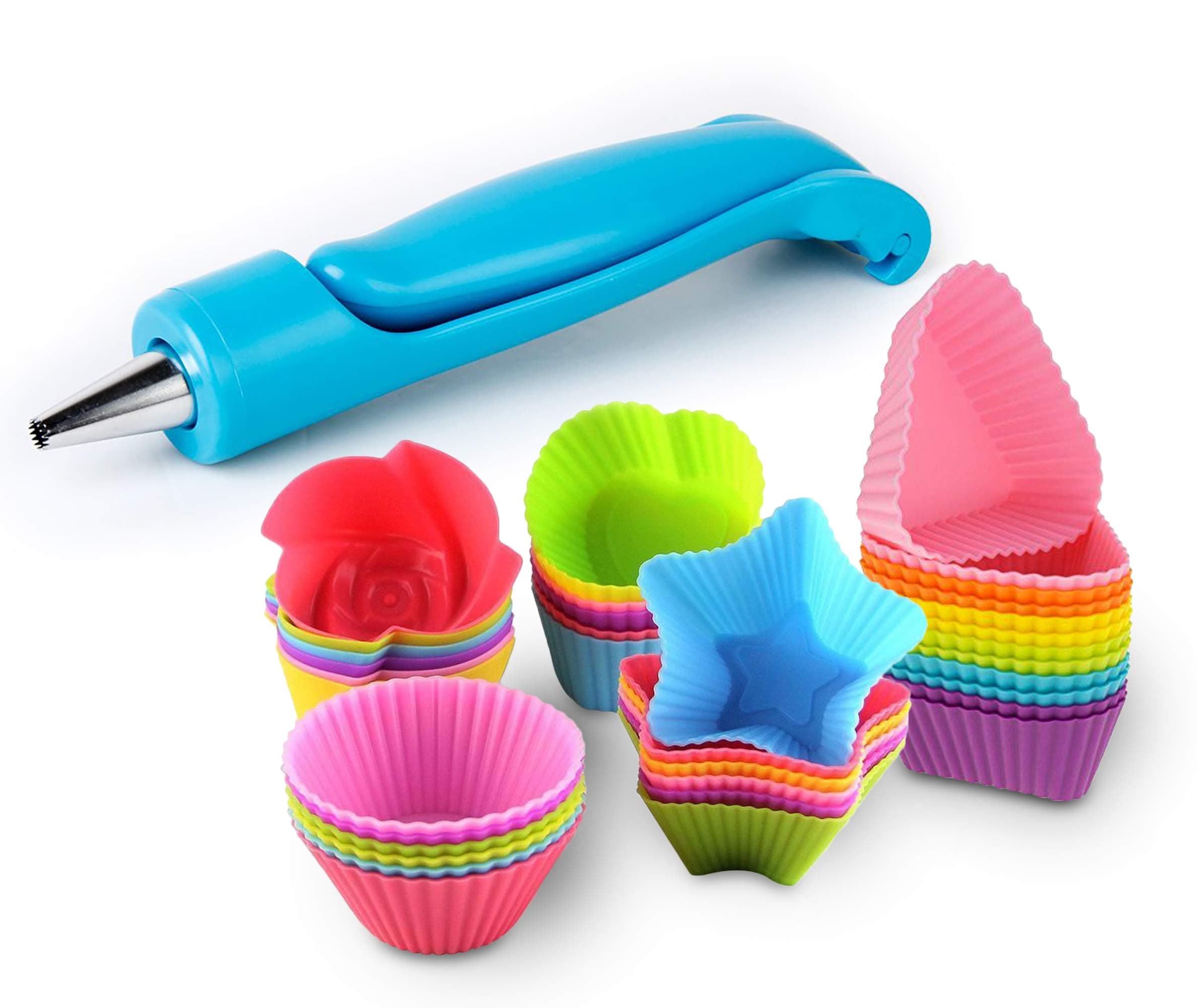 Cupcake Baking Cup Molds Bundle Easy Clean Pastry Liners 48 Nonstick Reusable Silicone Muffin Molds with Icing Pen Cupcake & Cake Decorating Pen Set
