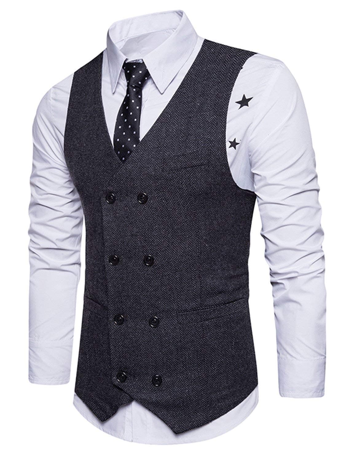 STTLZMC Mens Double Breasted Wool Herringbone/Tweed Tailored Collar Suit Waistcoat