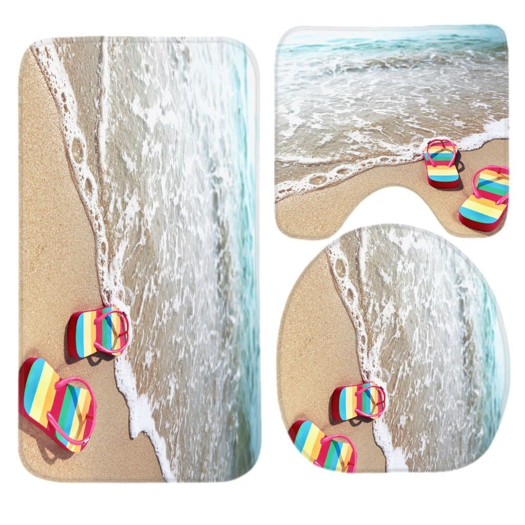 Beach Summer Colorful Flip Flop Bath Mat Set,3 Piece Bathroom Mats Set Non-Slip Bathroom Rugs/Contour Mat/Toilet Cover by TEYAYA