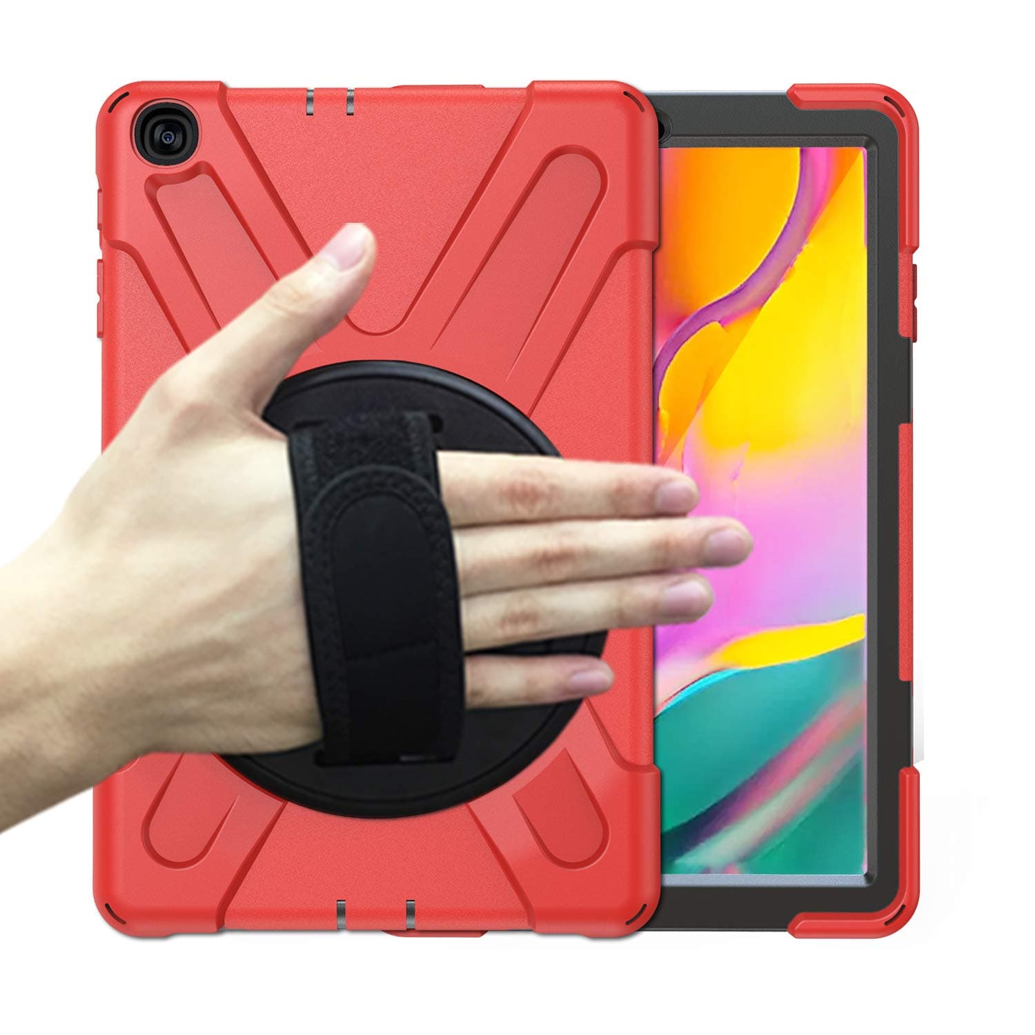 Case for Samsung Galaxy Tab A 2019 10.1 Inch SM-T510/T515,Useful Kickstand with 360 Degree Rotatable 3 Layer Hybrid Heavy Duty Shockproof Hand Strap and Shoulder Strap Design for T510 Tablet(Red)
