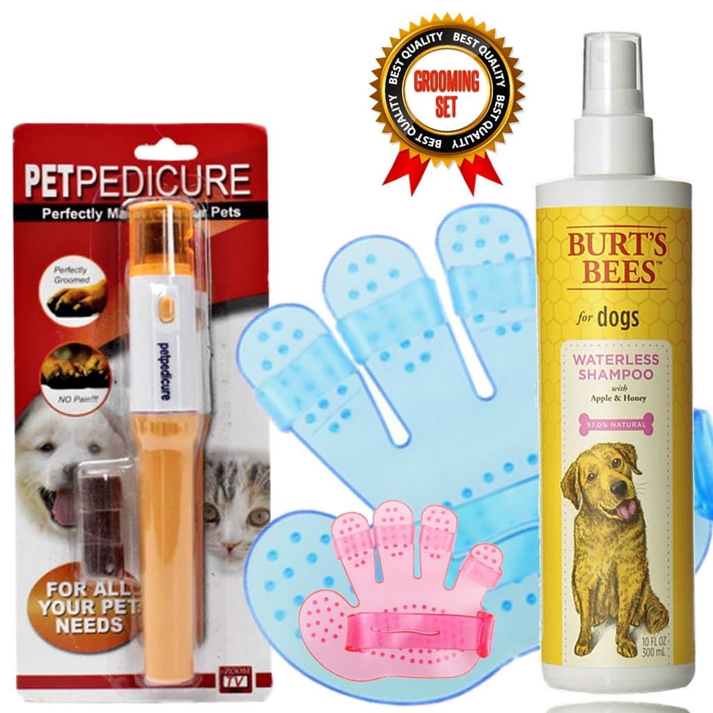 Pet Grooming Tools Set For Dogs and Cats Includes Burts Bees Waterless No Rinse Pet Shampoo, Pet Brush Mitt For Dogs And Cats With Bonus Pedicure Nail Trimmer