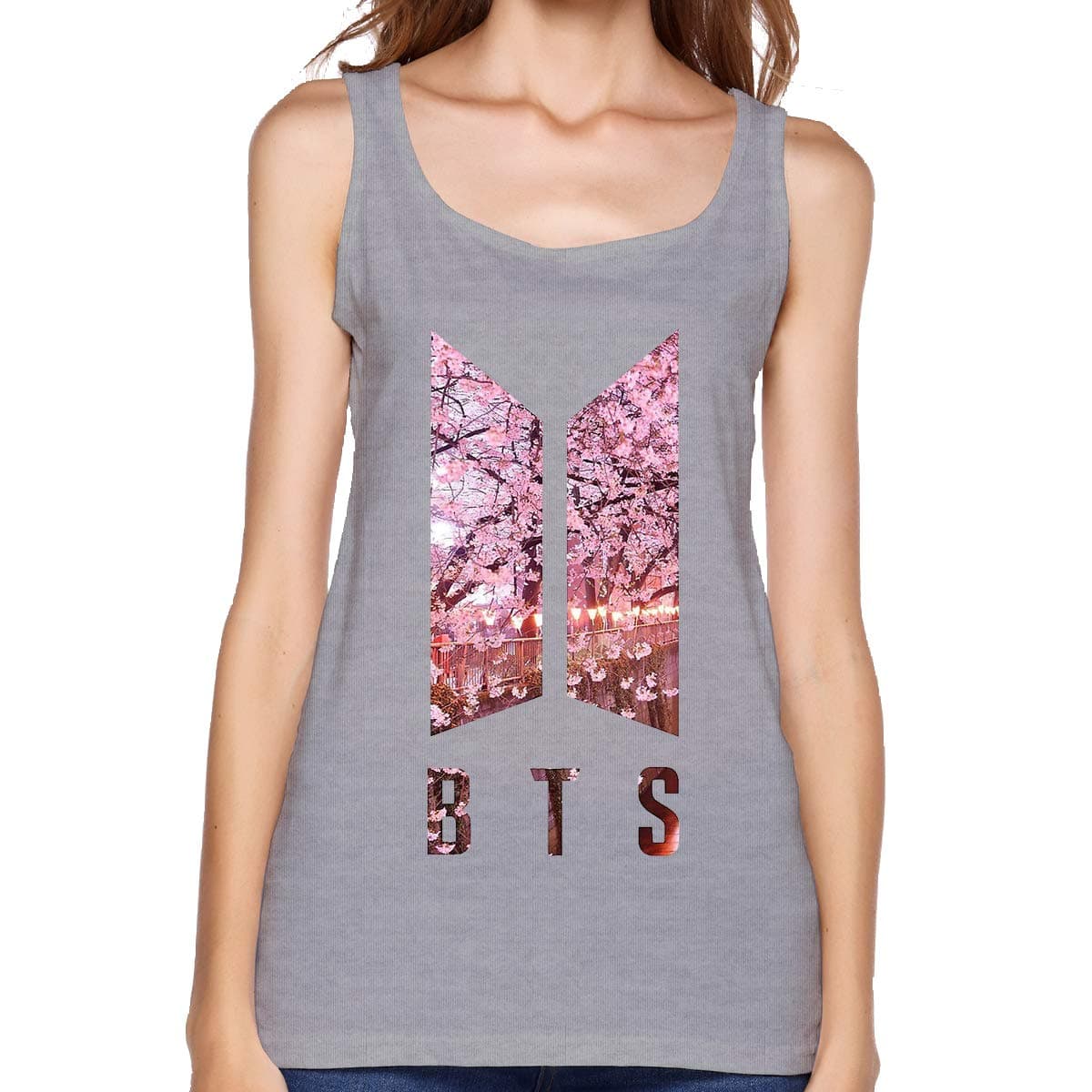 Women Stylish Solid Color Crew Neck BTS Cherry Blossom Logo Tank Top for Casual Or Sports Gray 31