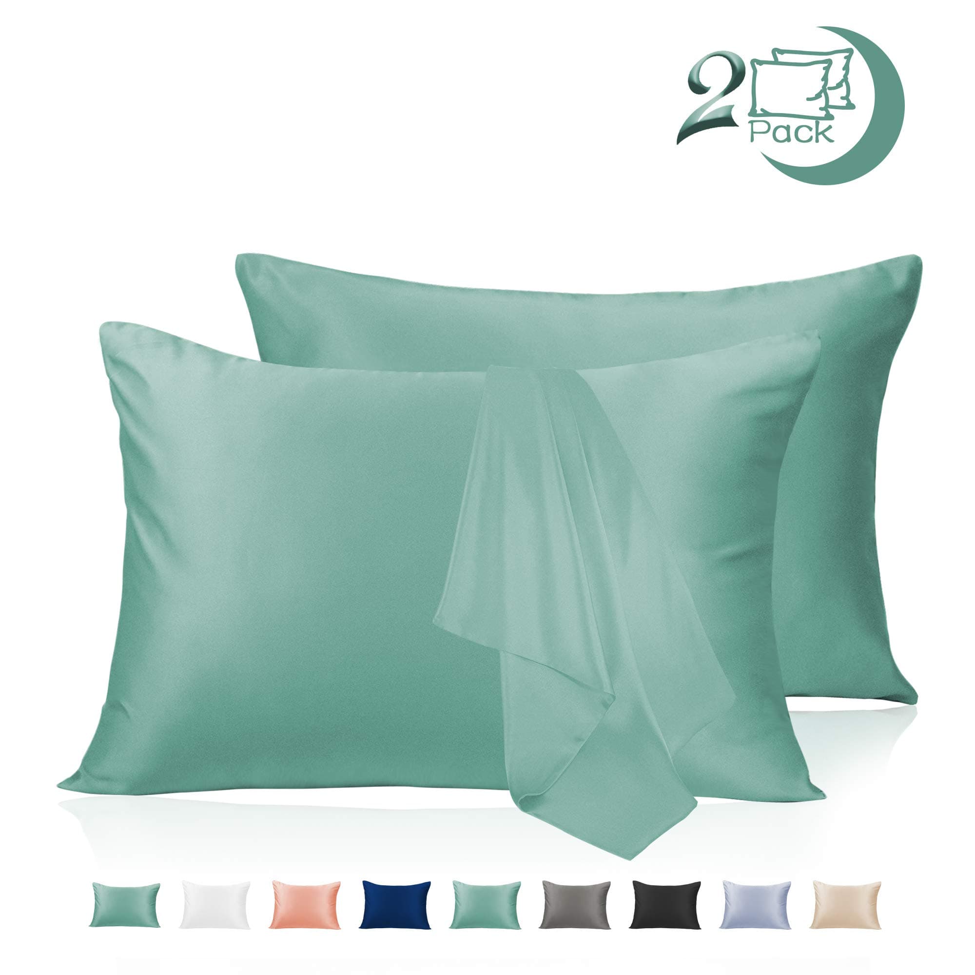 Adubor Satin Pillowcase 2 Pack Silky Pillow Cases for Hair and Skin, Anti-Wrinkle, Super Soft and Luxury Pillow Cases Covers with Envelope Closure (Green, 20''x36'')