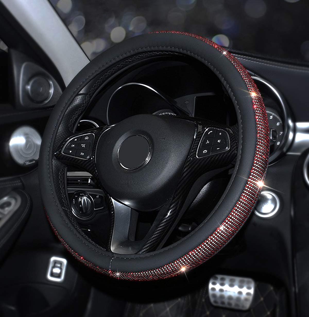 Back Packers Steering Wheel Cover Diamond Microfiber Leather Steering Car Wheel Covers Universal Size with Crystal Bling Bling Rhinestones for Girls (red 1)