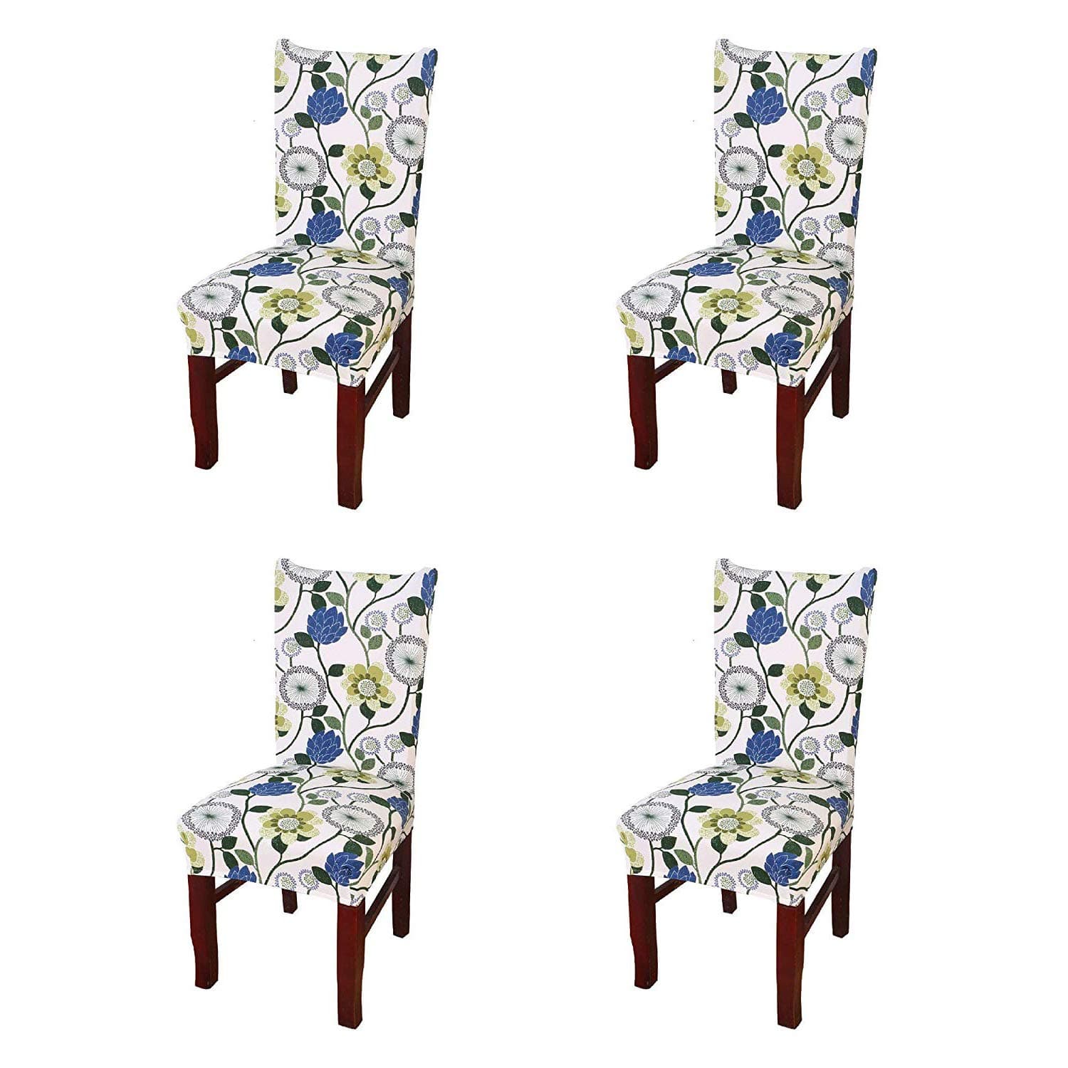Polyester Spandex Printed Chair Cover Stretch Removable Washable Short Dining Chair Cover Protector Seat Slipcover (White Green Blue Flower, Pack of 4)