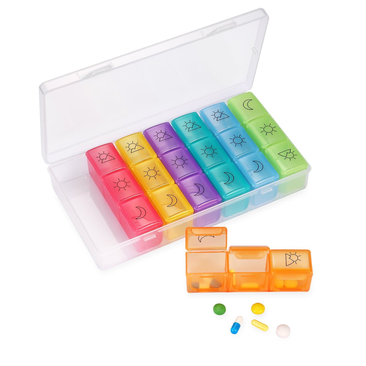 Pill Organizer Weekly 3-Times-A-Day Pill Box 7 Day Portable Travel Prescription & Medication Pill Case Daily Pill Container for Vitamin Fish Oil Compartments Container Supplements - Rainbow