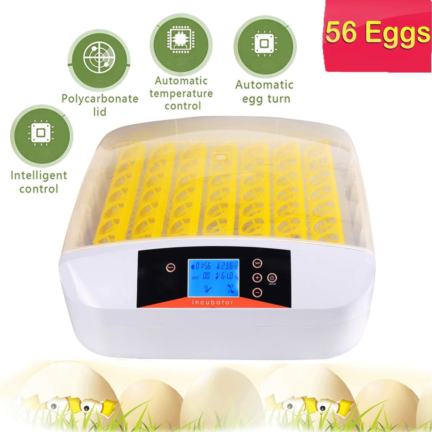 OppsDecor 56 Egg Incubator with Automatic Egg Turning Digital Clear Hatching Chickens Duck Birds Eggs Thermometer Temperature Control 90W (56 Egg)