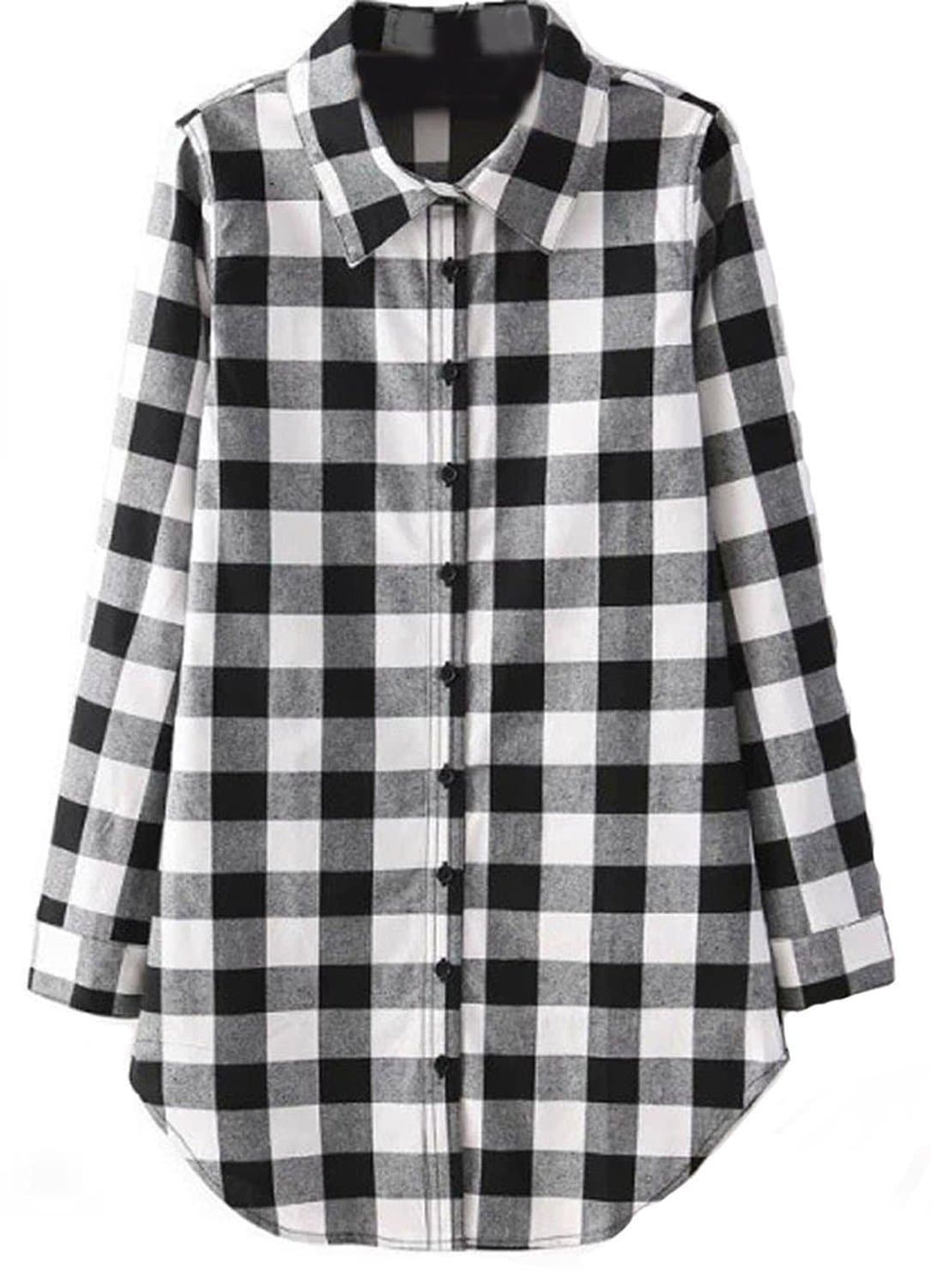 D2C Beauty Women's Mid-Long Style Roll-Up Sleeve Plaid Boyfriend Top T-Shirt