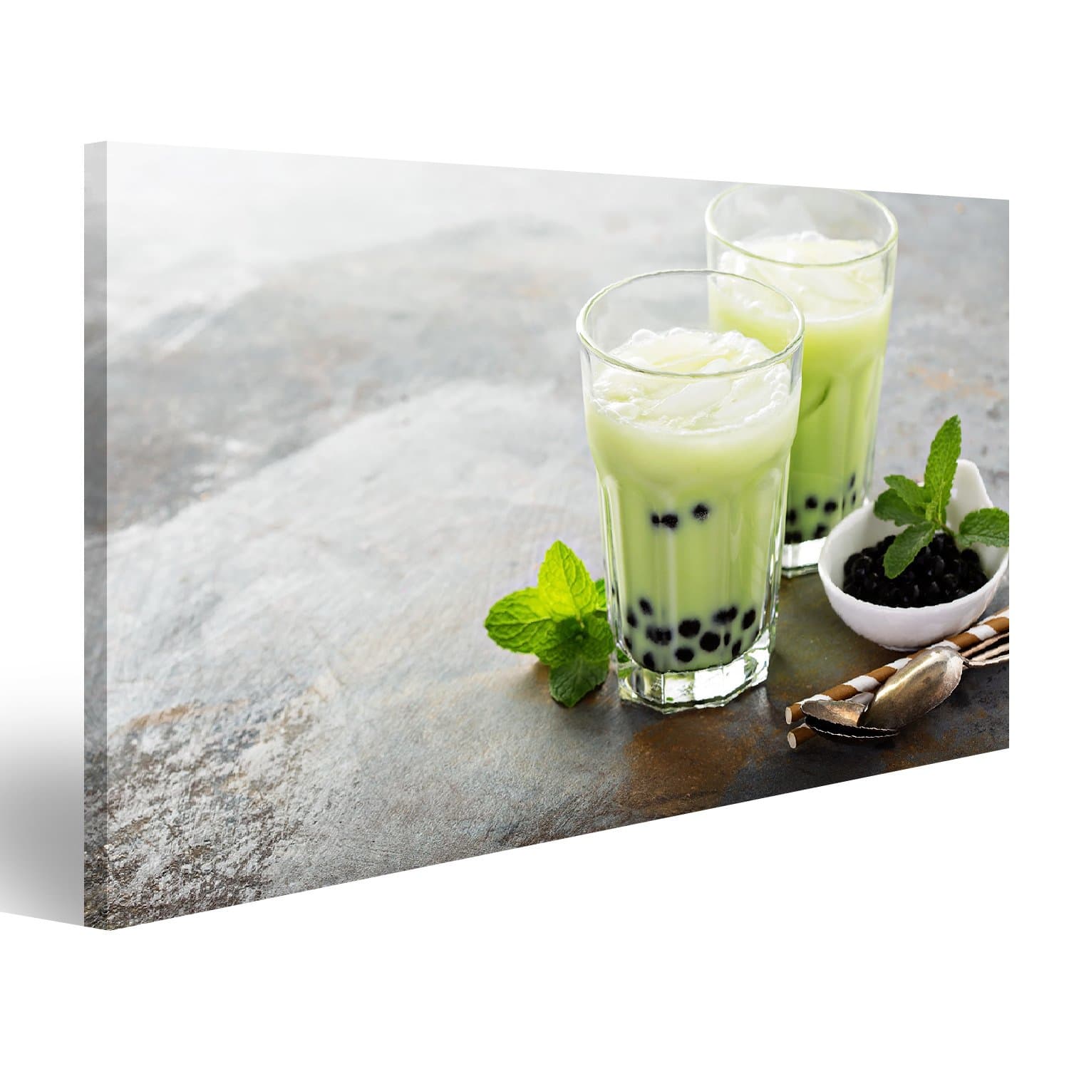 islandburner Canvas Wall Art Matcha bubble tea with tapioca pearls in tall glasses