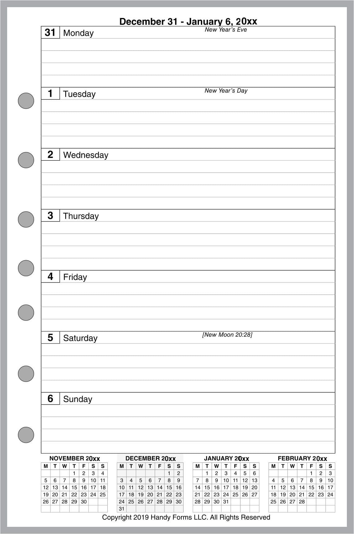2020 Weekly & Monthly Planner for 7 Ring Binders by Franklin Covey, Day-Timer, DayRunner, and Others. 1 Page Per Week, 2 Pages Per Month, Week Starts on Monday. Style E, with Lines.