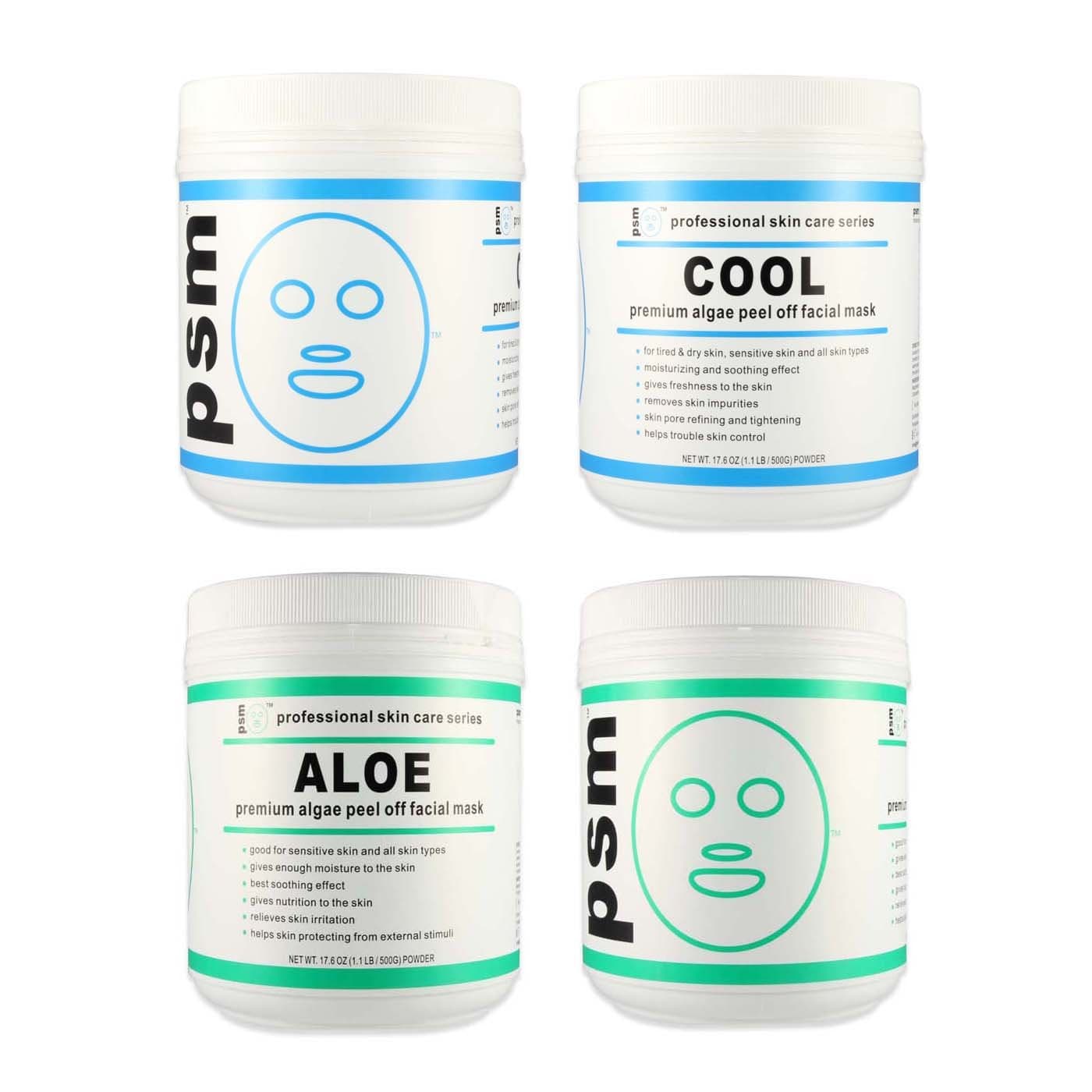 (Set of 4) 2 COOL, 2 ALOE psm Premium Algae Peel Off Facial Mask Powder 17.6 OZ (1.1LB / 500g EA)